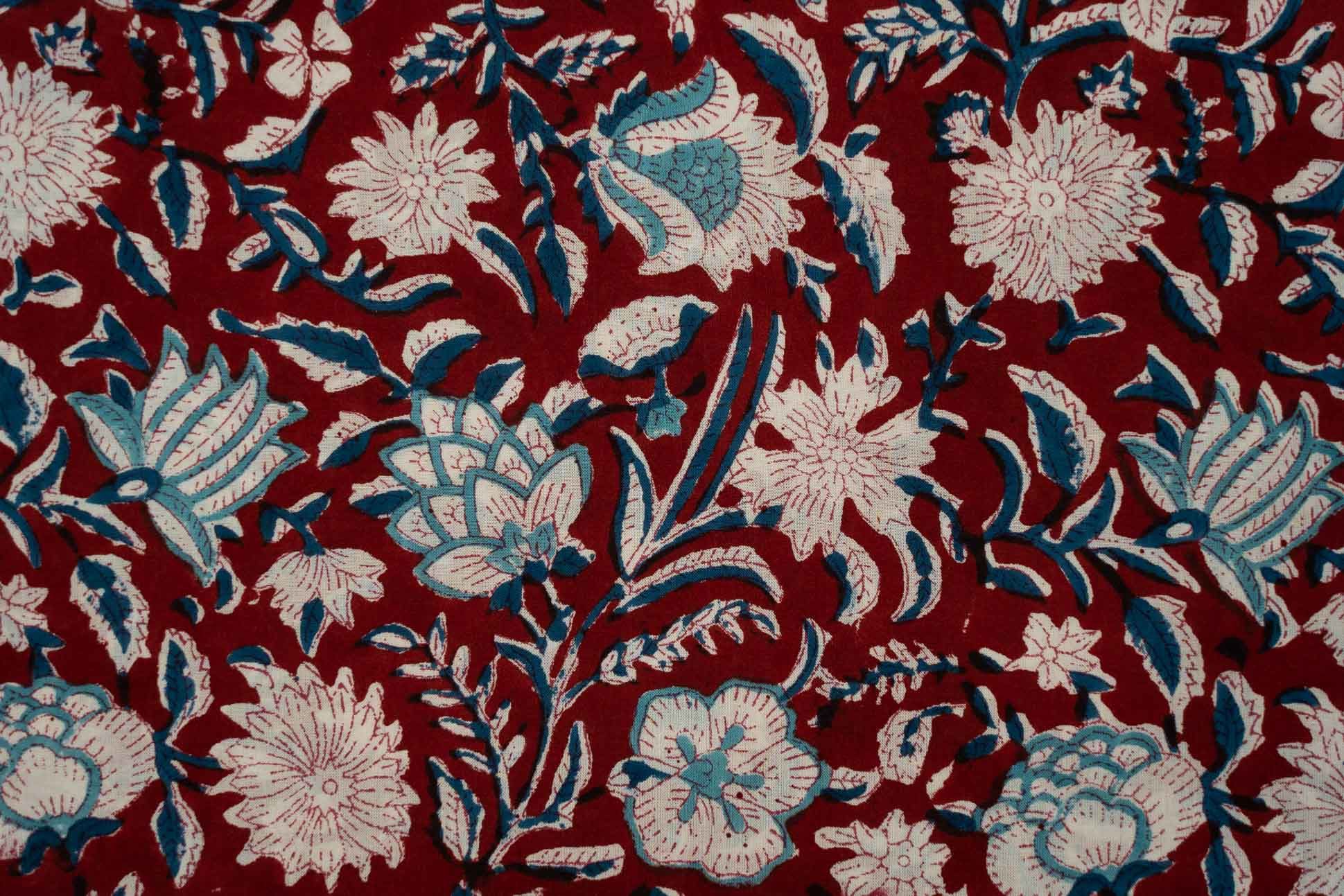 Deep Red Floral Block Printed Fabric