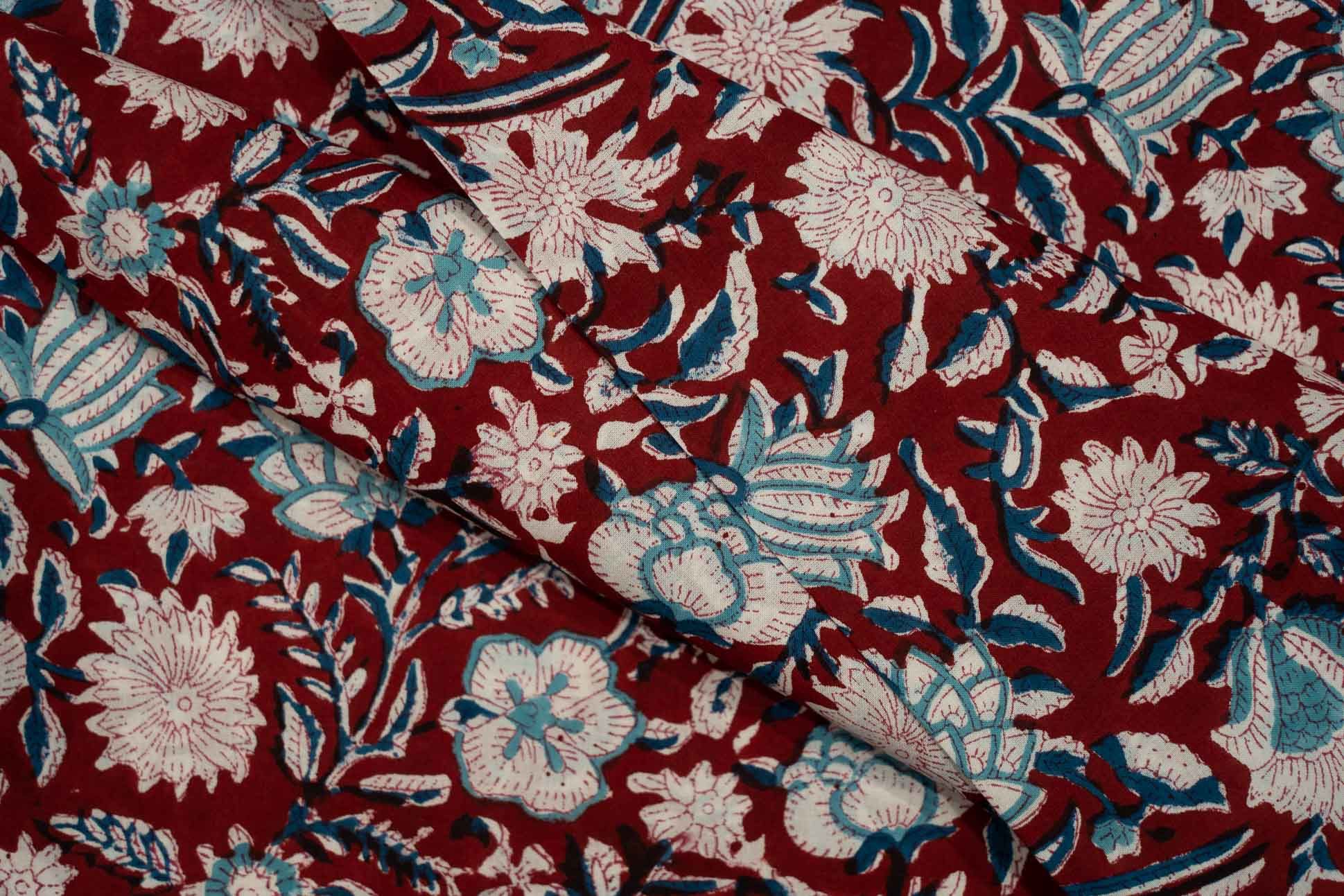 Deep Red Floral Block Printed Fabric