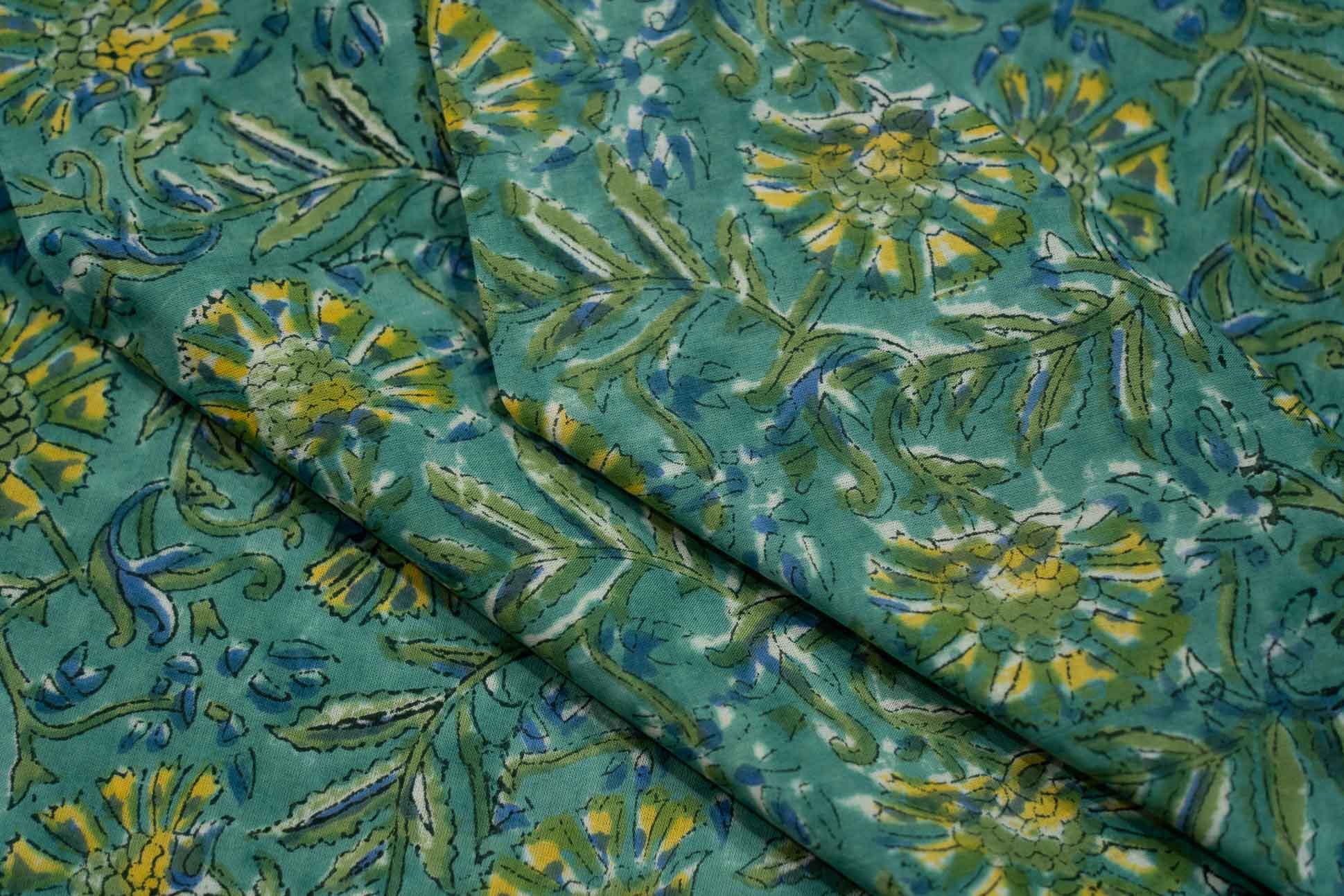 Green Floral Block Printed Fabric