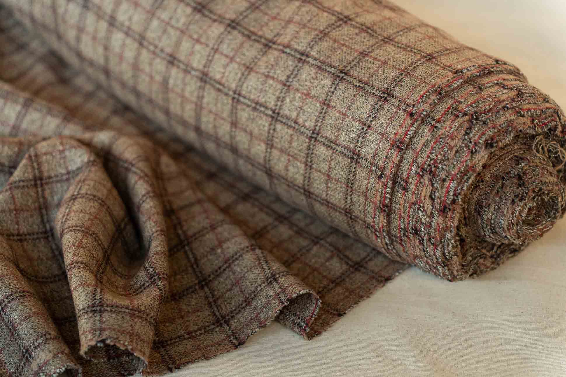 Warm Sand Checks Tweed Wool Fabric