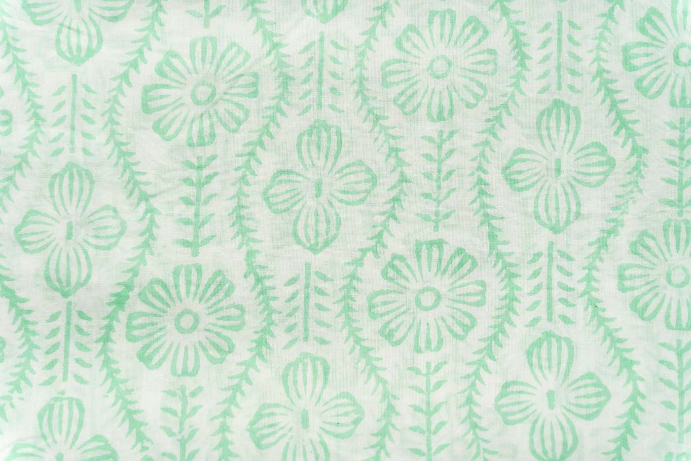 White Green Block Printed Mulmul Fabric