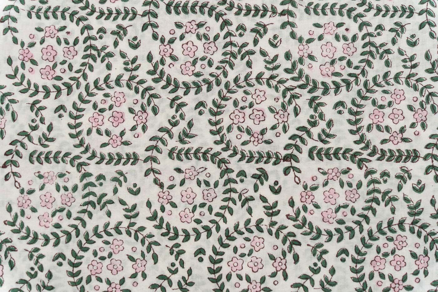 White Floral Block Printed Mulmul Fabric