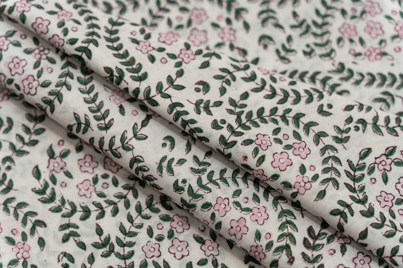 White Floral Block Printed Mulmul Fabric