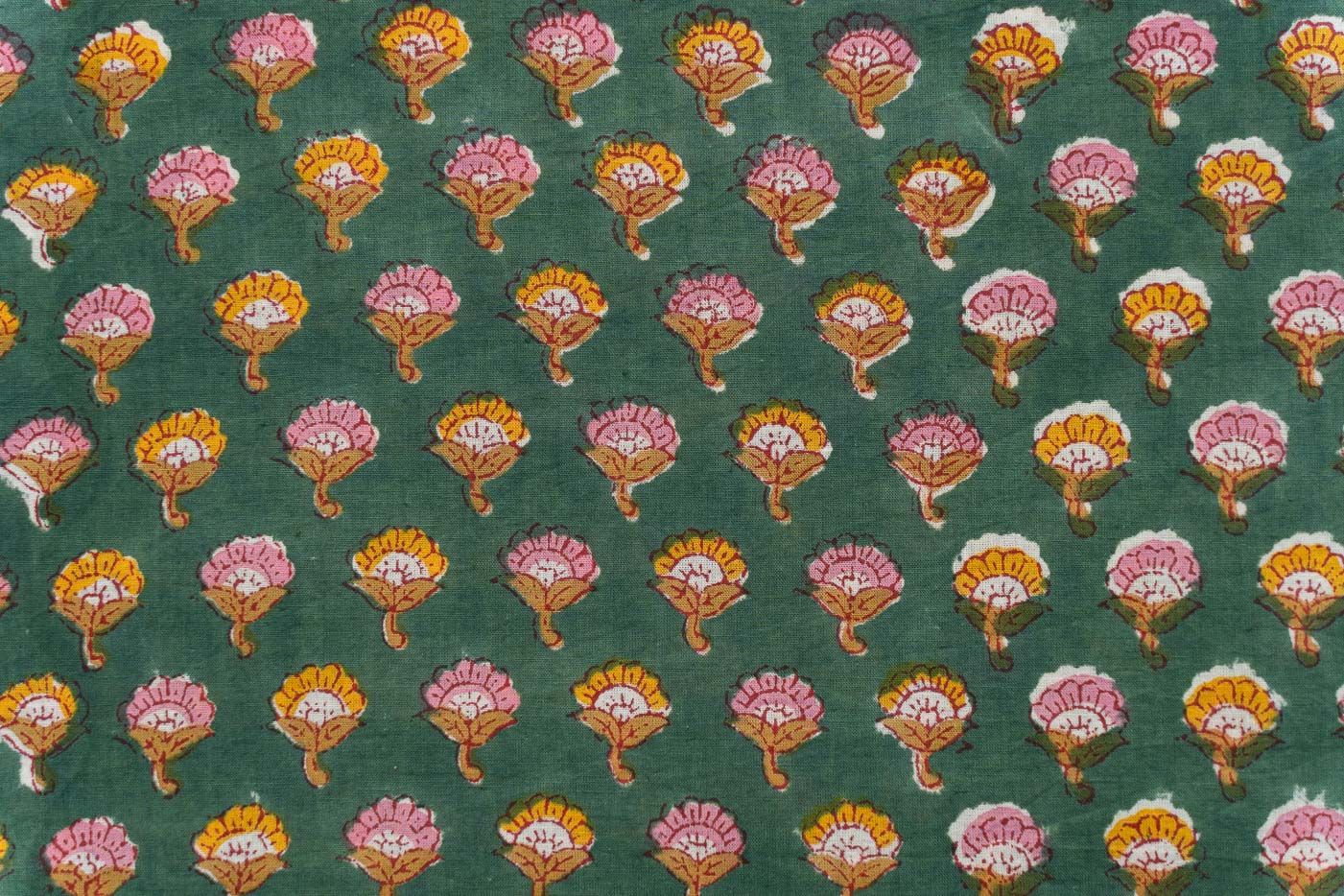 Verdant Green Floral Block Printed Fabric