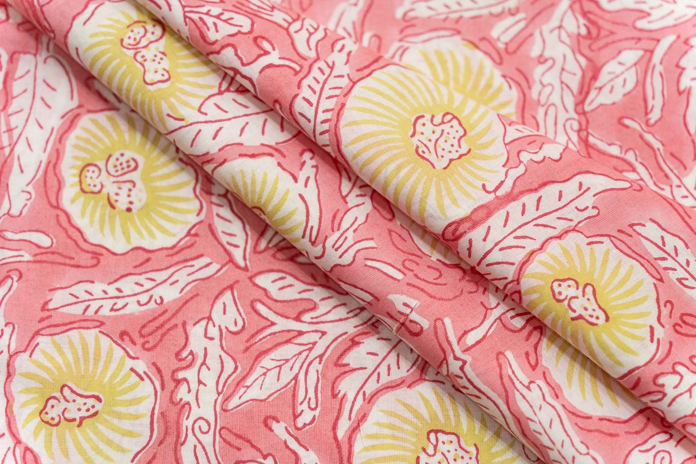 Pink Rose Block Printed Mulmul Fabric