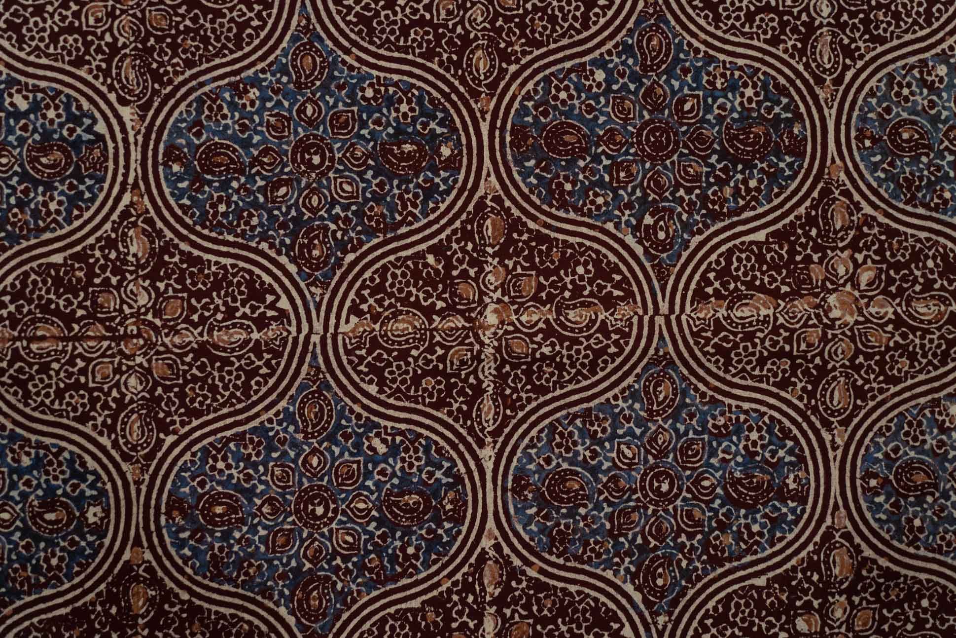 Blue Maroon Ajrakh Block Printed Fabric