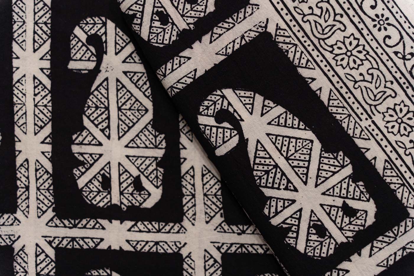 Black Paisley Bagh Block Printed Cotton Fabric