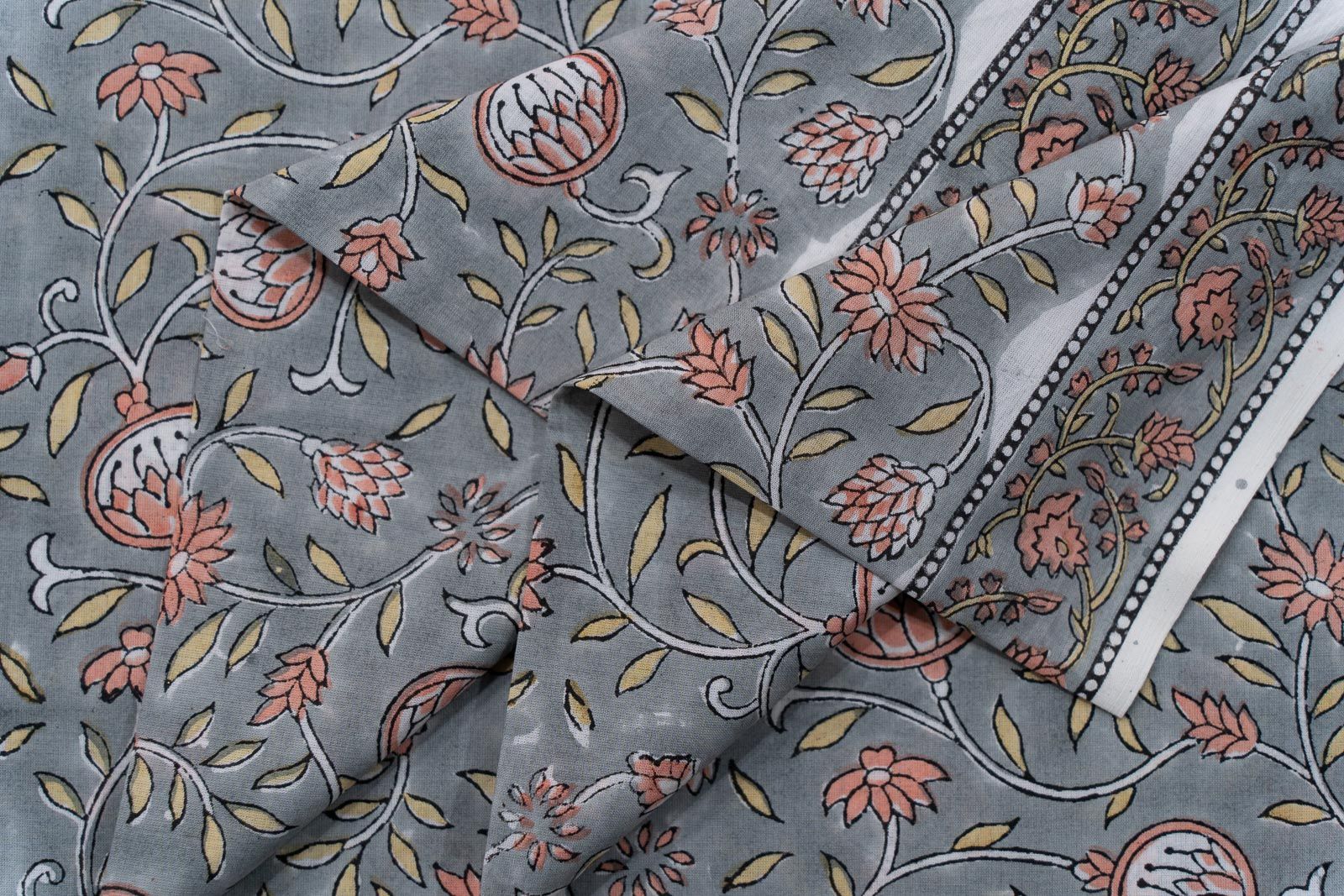 Slate Grey Floral Bordered Block Printed Fabric