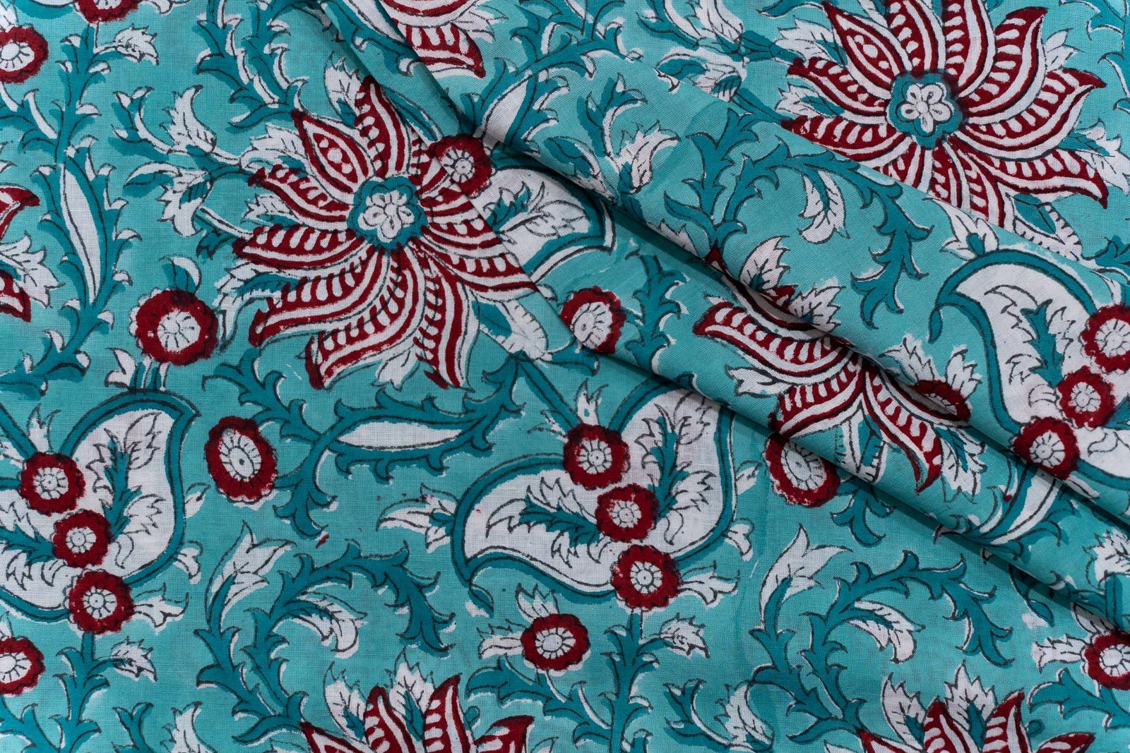 Pool Green Floral Hand Block Printed Cotton Fabric