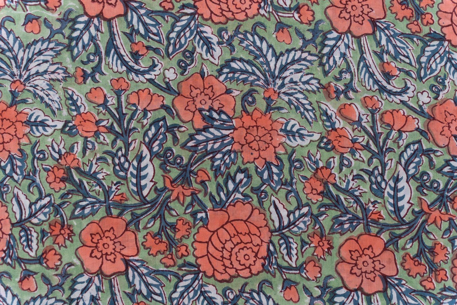 Zypher Green Floral Hand Block Printed Cotton Fabric
