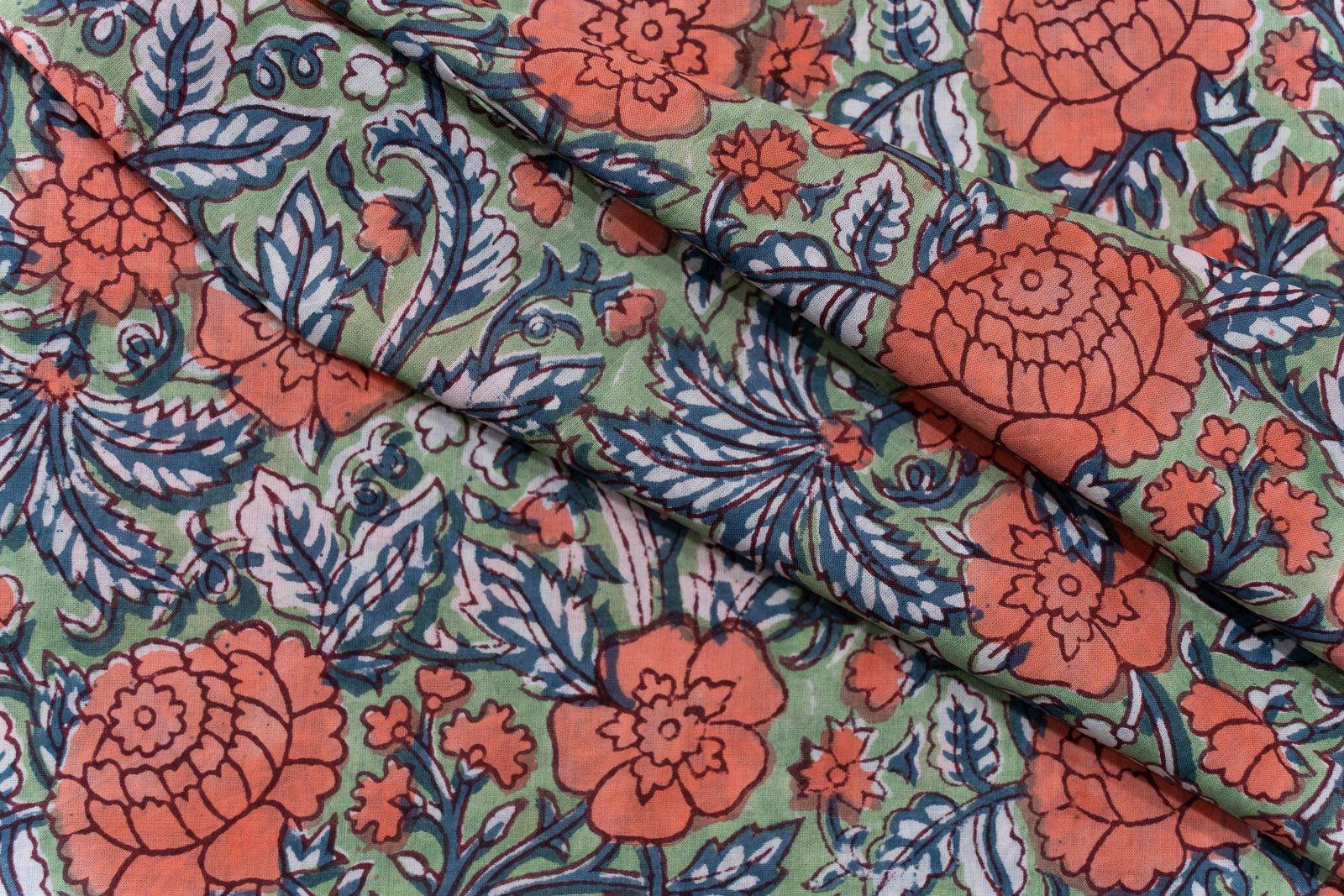 Zypher Green Floral Hand Block Printed Cotton Fabric