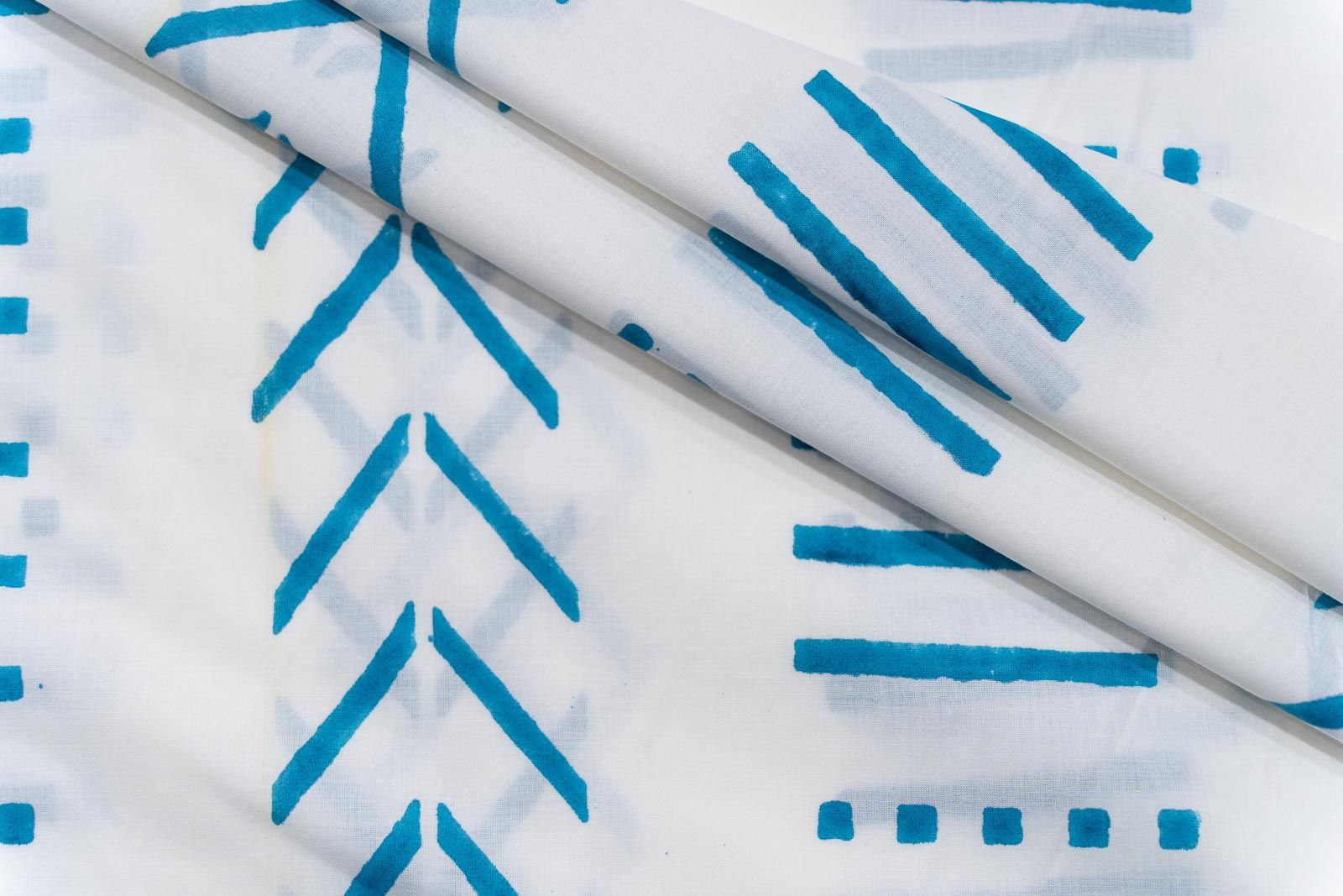 White And Blue Geometric Block Printed Fabric