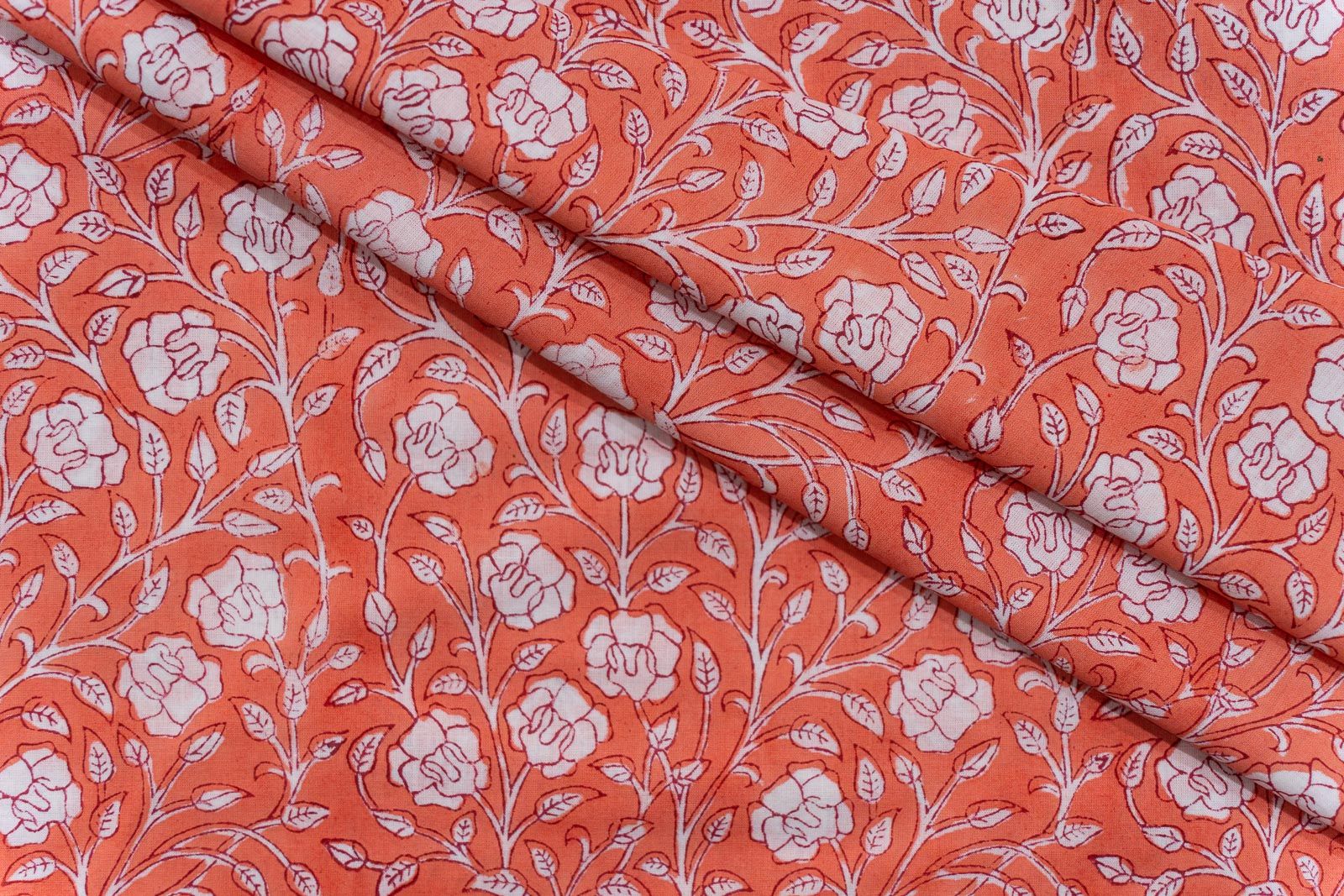 Melon Peach Hand Block Printed Cotton Fabric