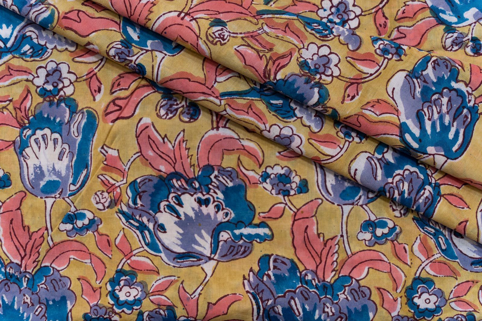 Yellow Gold Floral Hand Block Printed Cotton Fabric