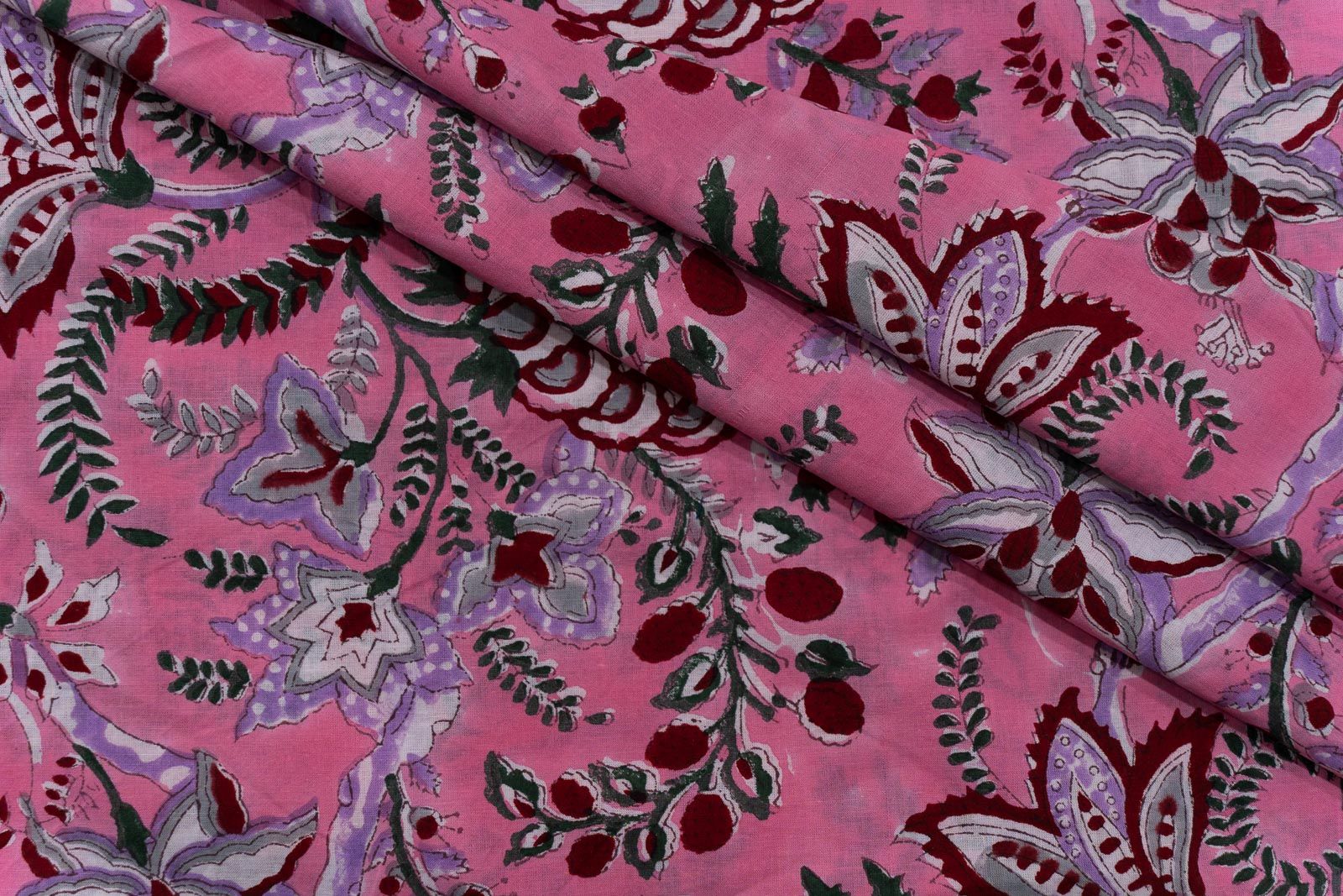Azalea Pink Floral Hand Block Printed Cotton Fabric