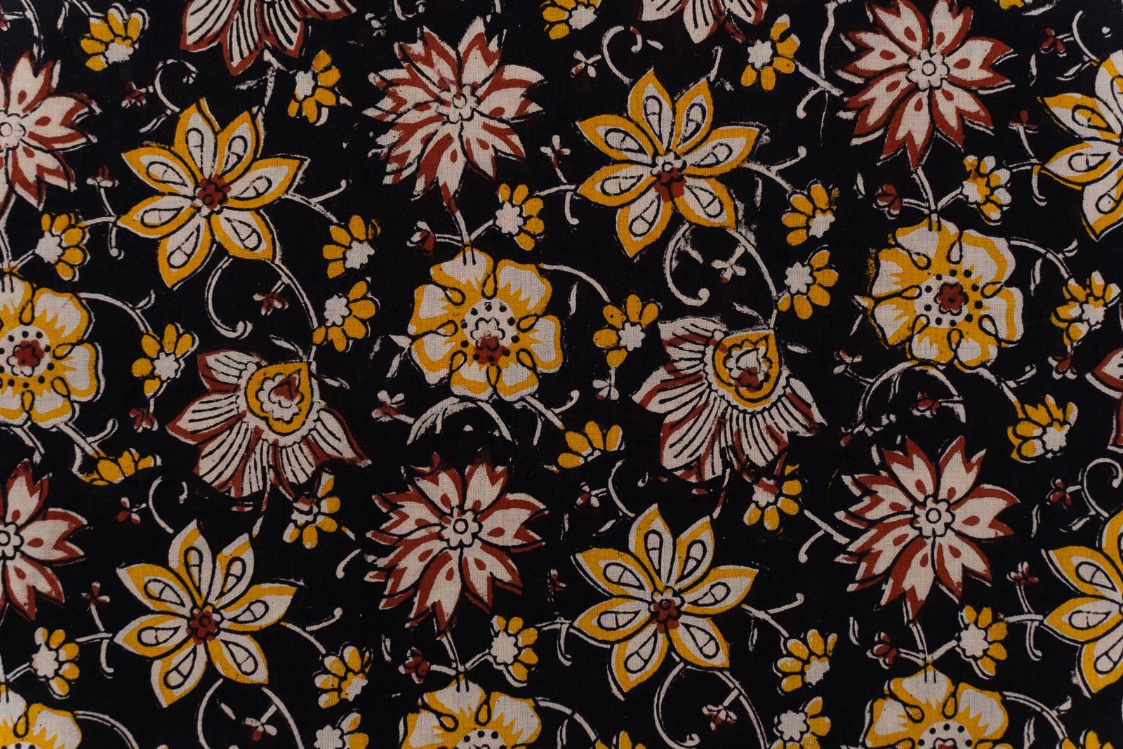 Black Floral Hand Block Printed Cotton Fabric