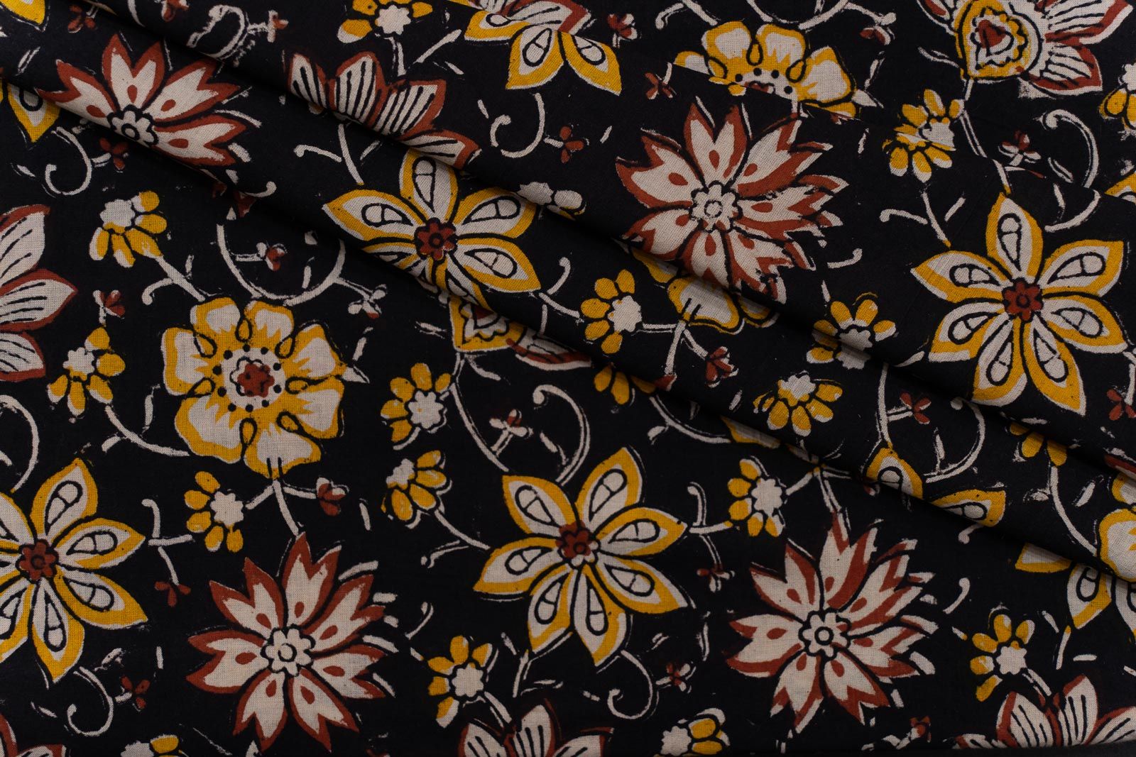 Black Floral Hand Block Printed Cotton Fabric