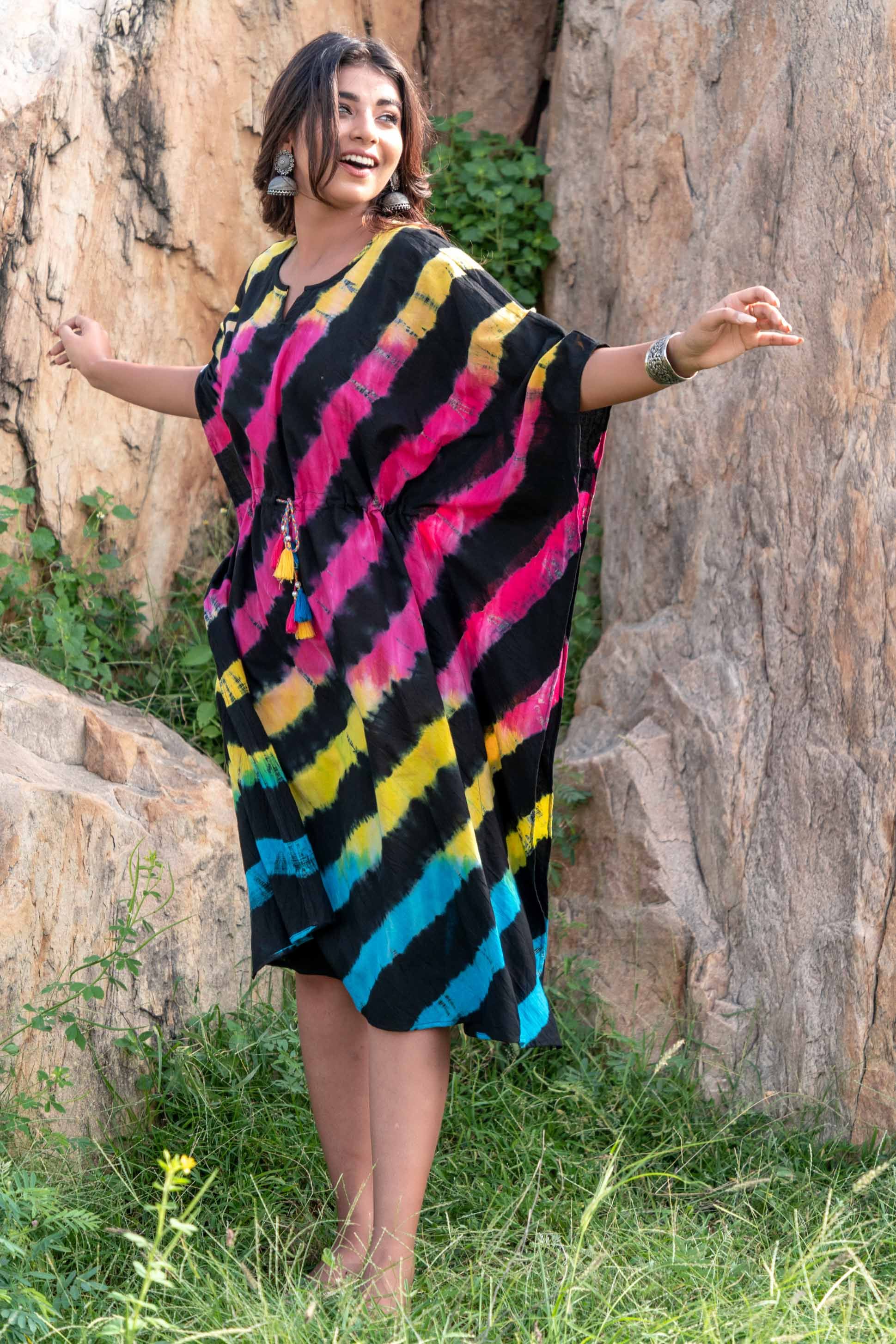 Multicolor Shibori Block Print Kaftan Dress
