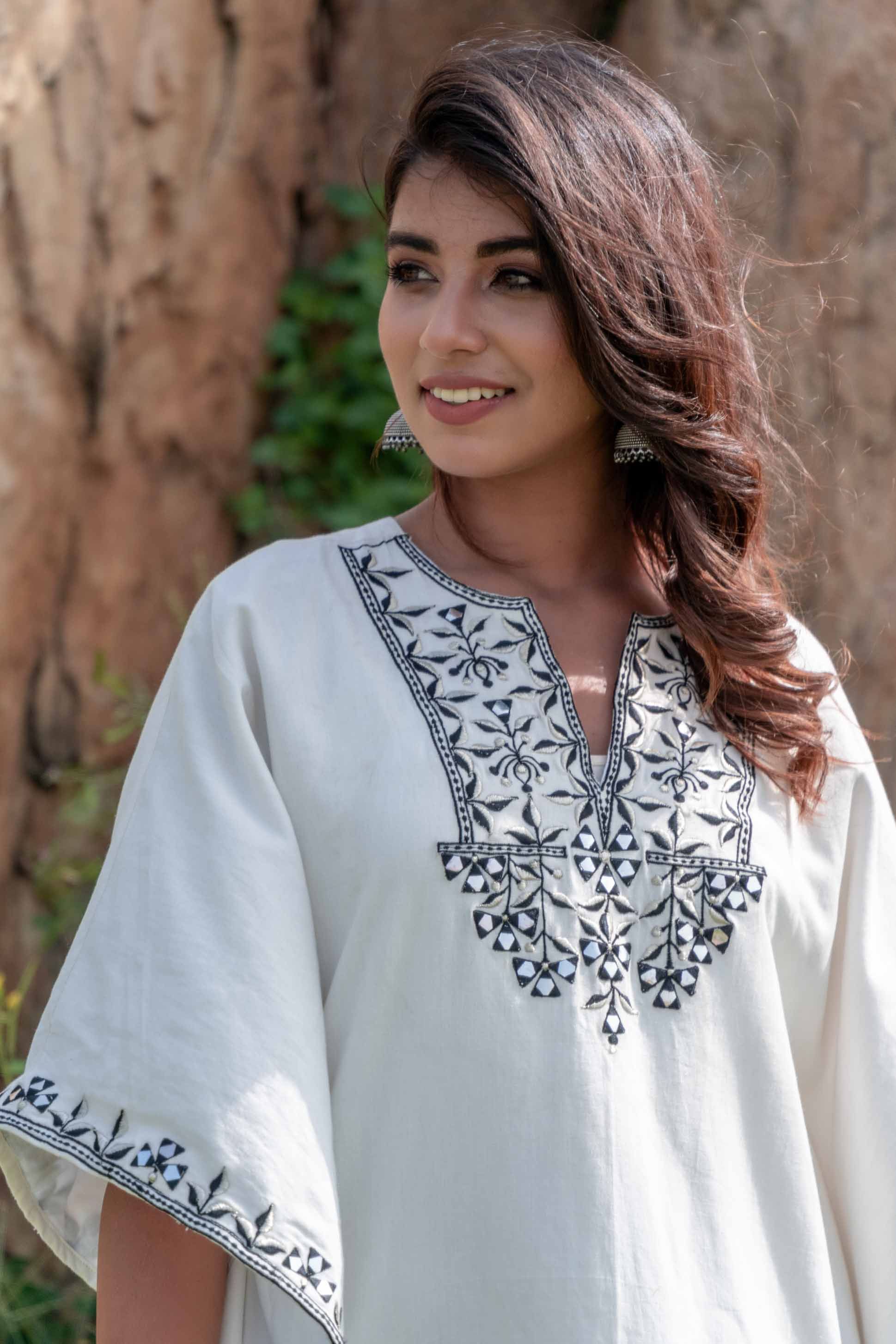 Black White Embroidered Khari Cotton Kaftan Dress