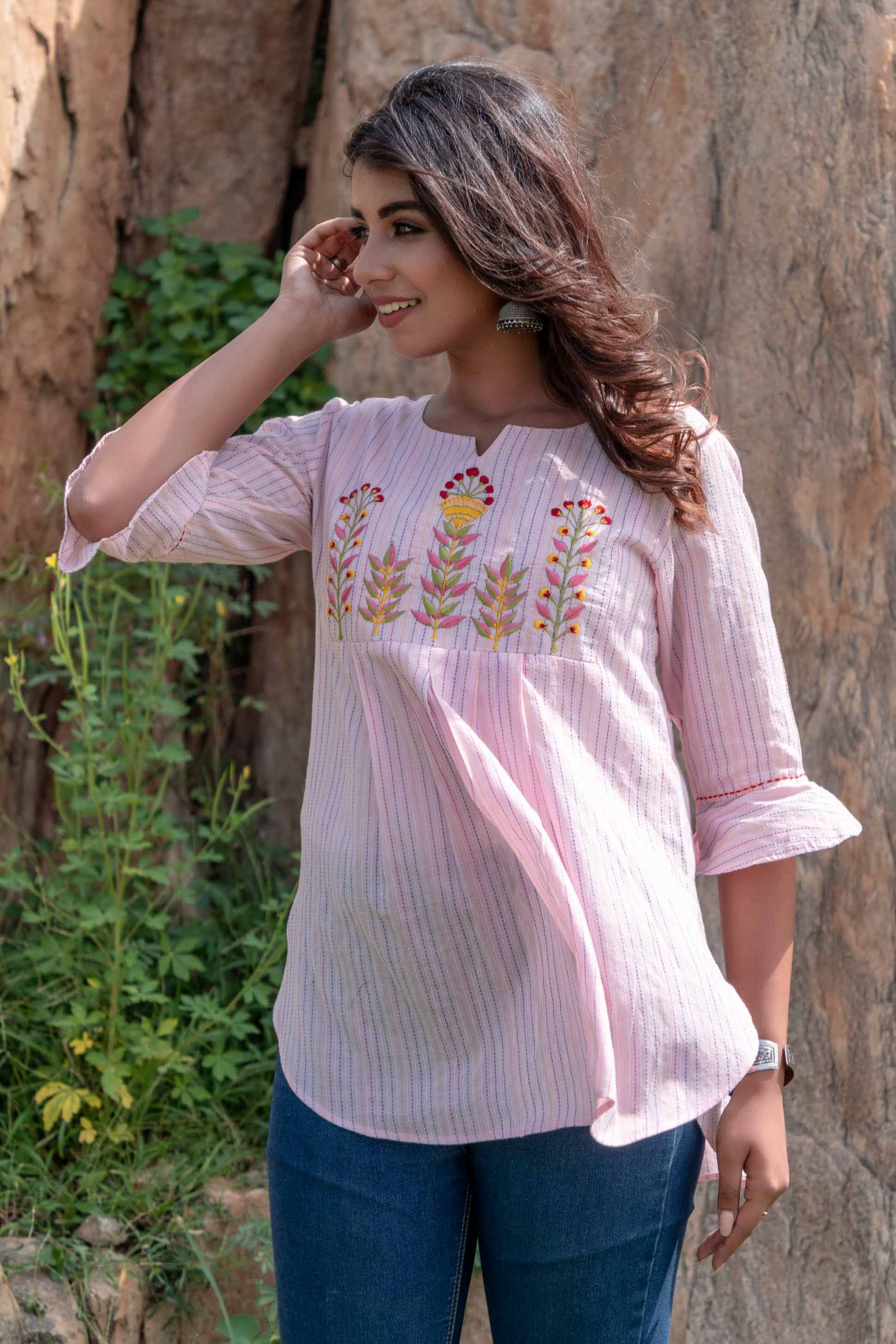 Pink Embroidered Cotton Kantha Top