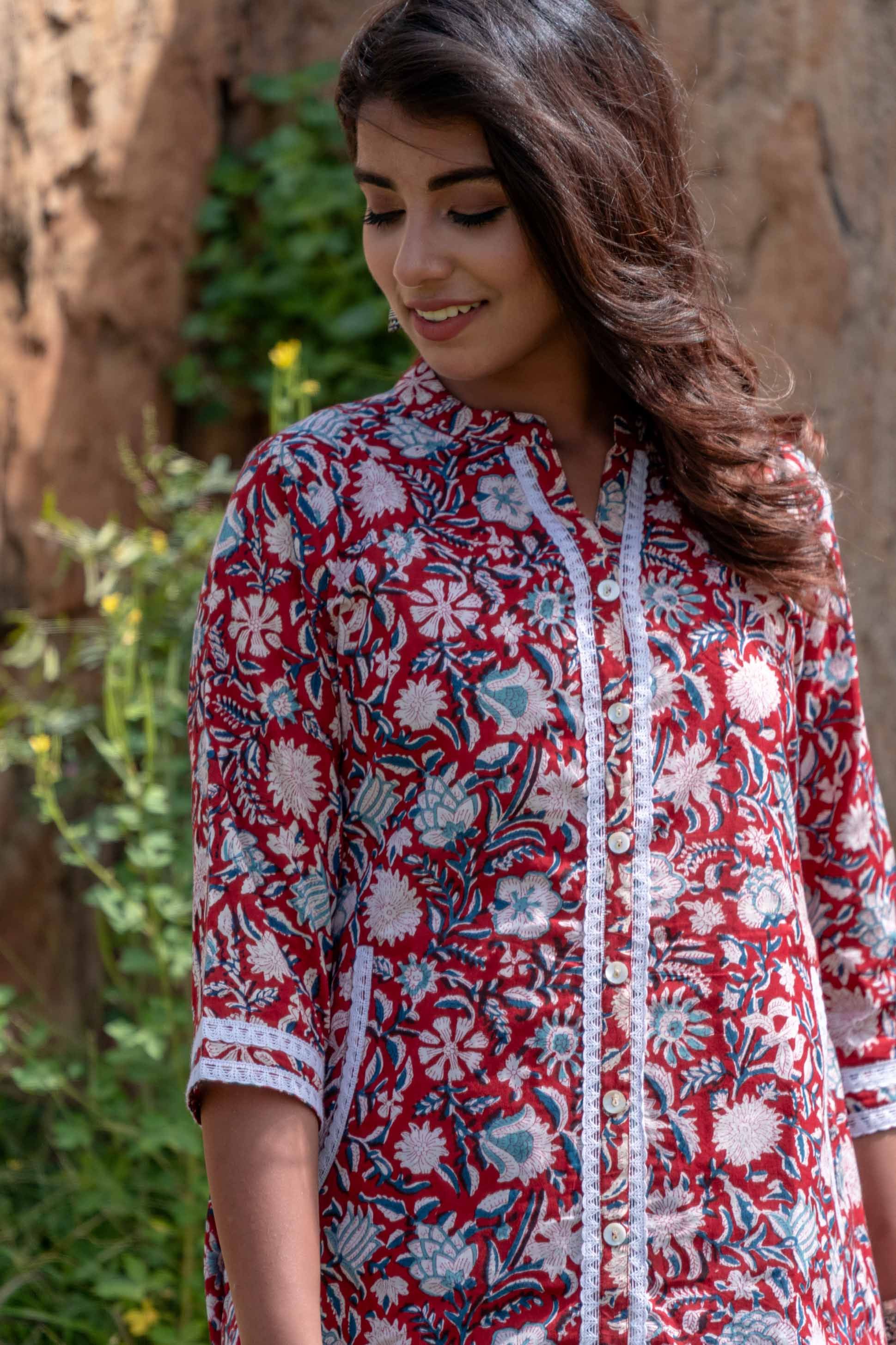 Red Floral Block Print Lace Top
