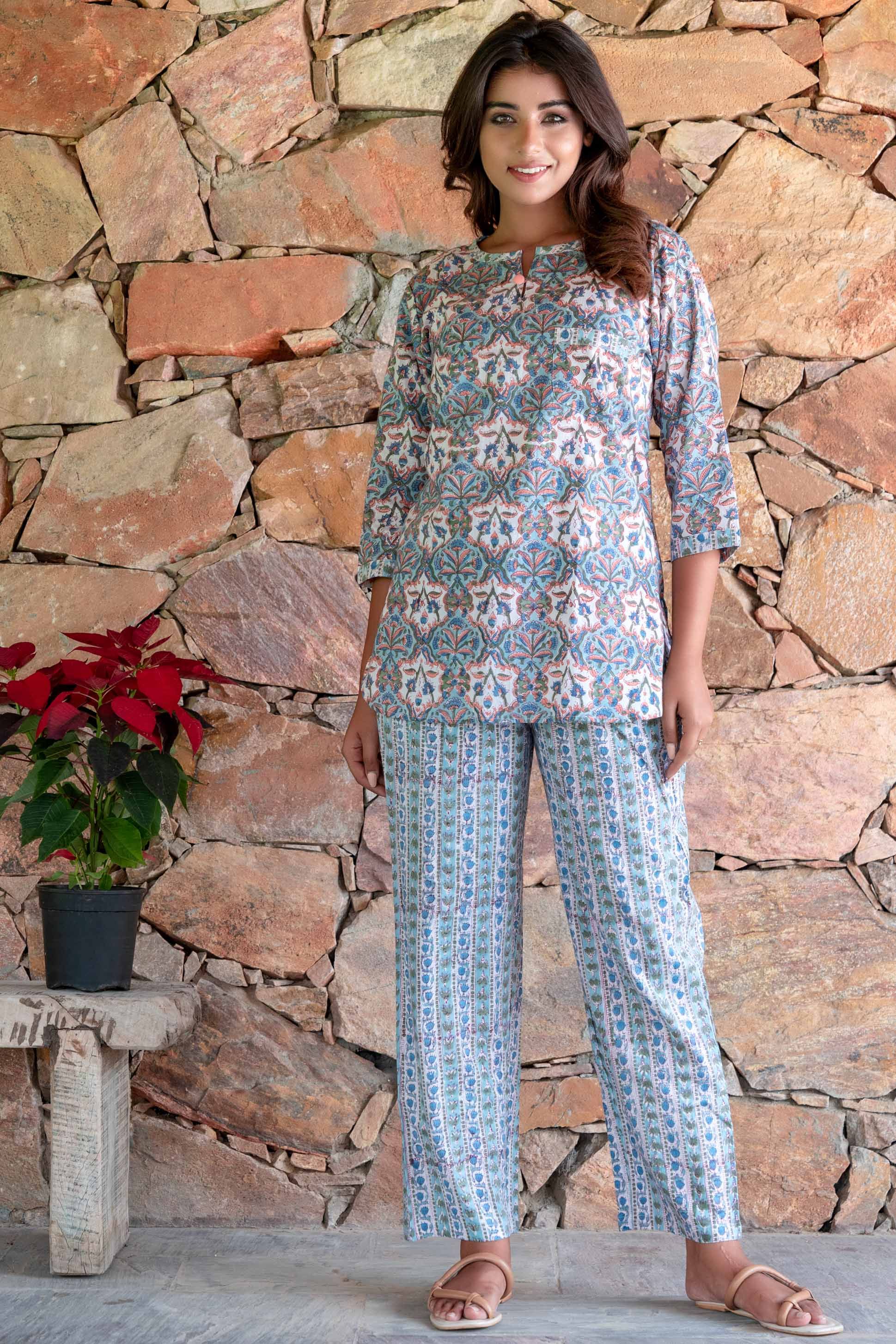 Navy Floral Cotton Printed Night Suit Set – 30Looks
