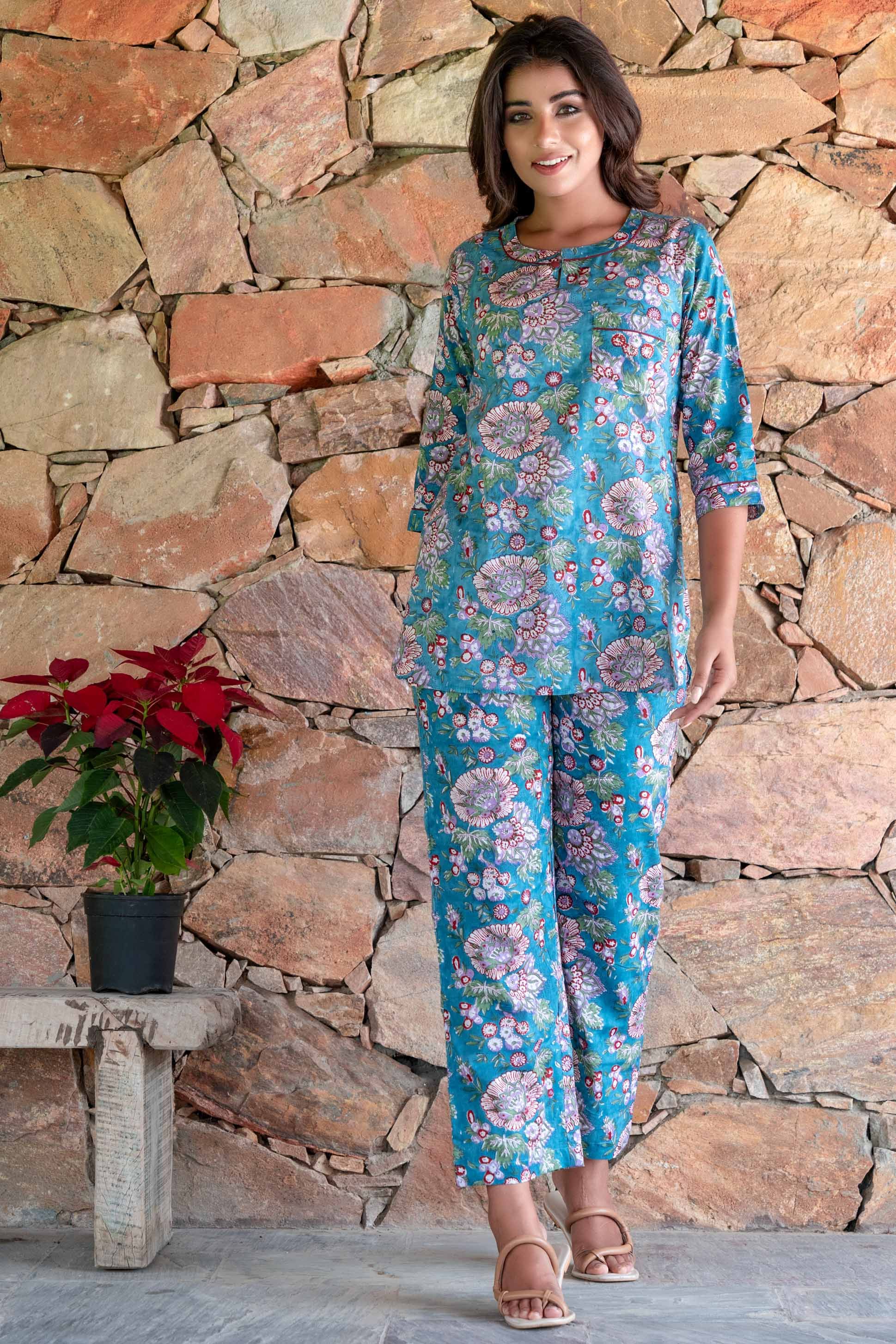 Turquoise Floral Block Printed Night Suit