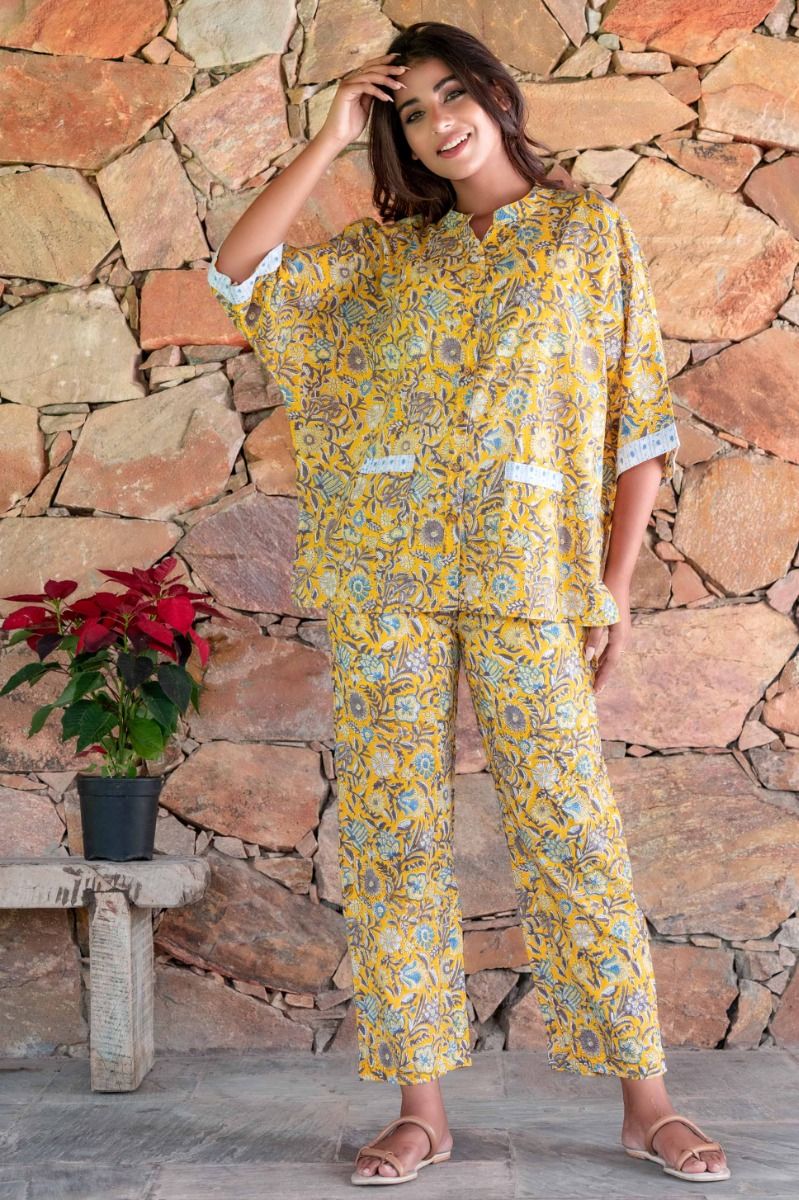 Yellow Floral Block Printed Baggy Night Suit