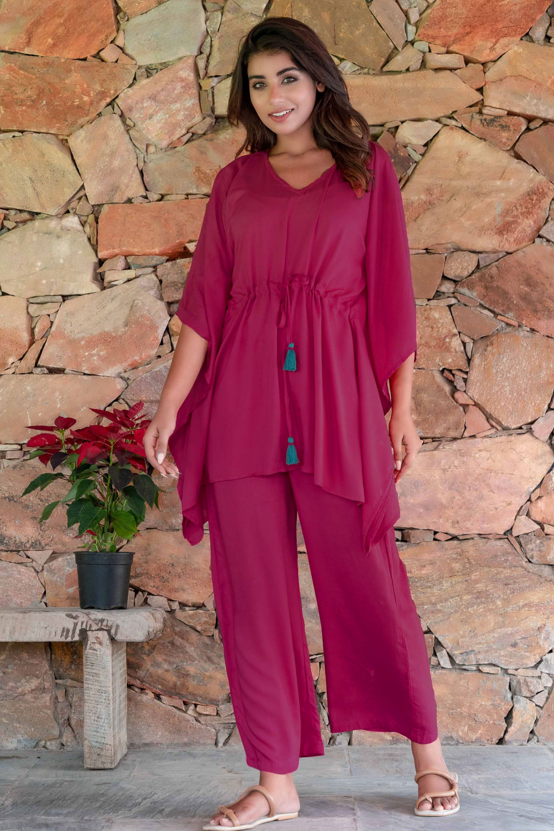 Persian Pink Cotton Kaftan Night Suit