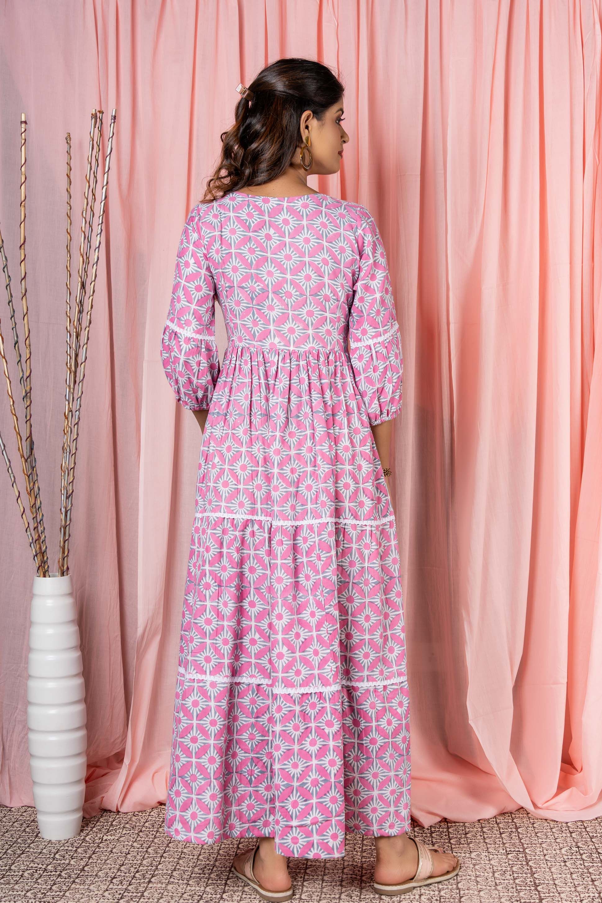 Pink Grey Block Printed Tier Dress