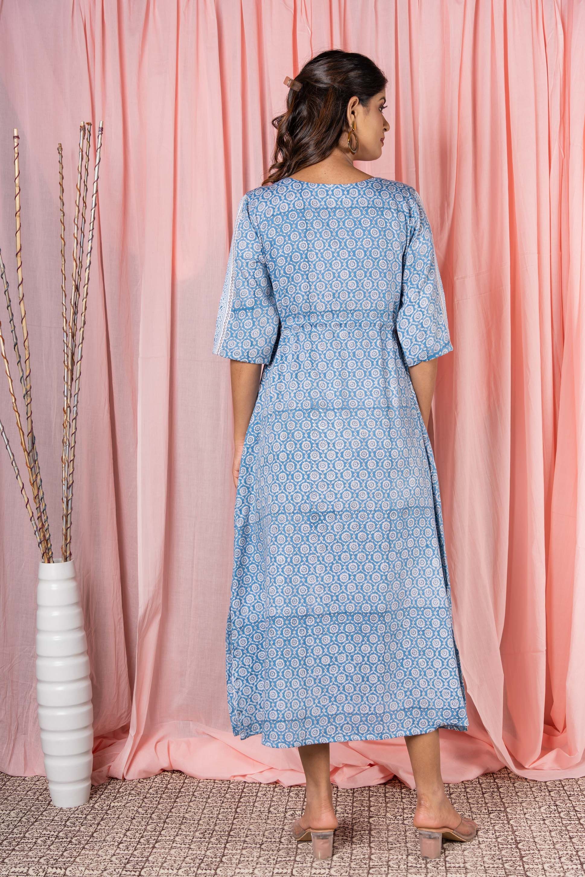 Blue Block Printed  Slit Dress