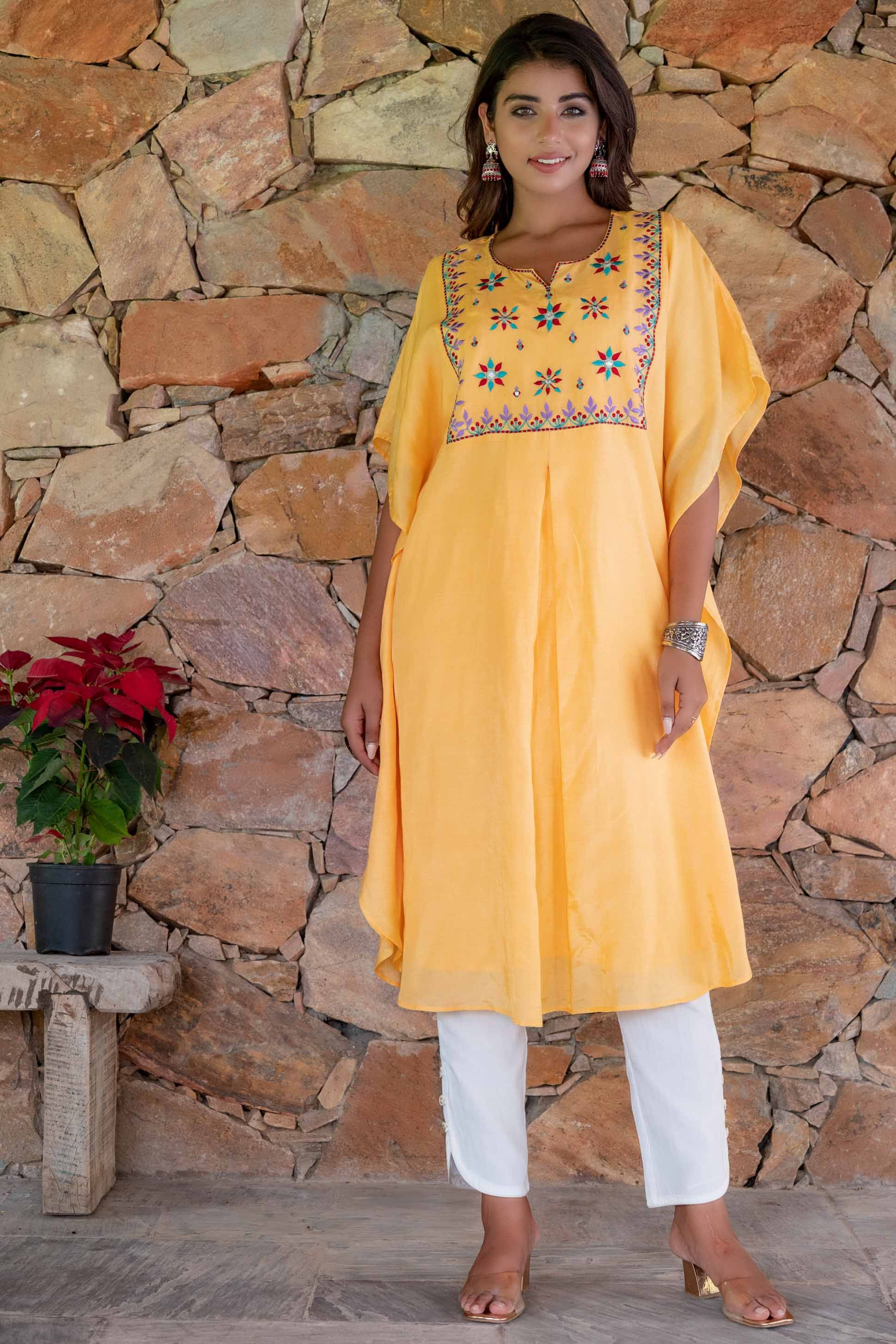 Mango Yellow Embroidered Muslin Silk Kaftan Dress Set