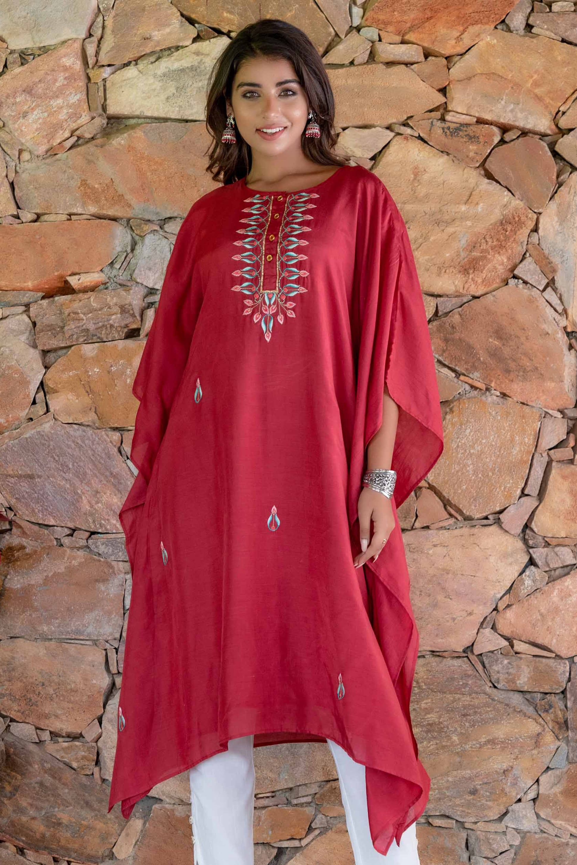 Luxury Silk Kaftan Dress with Fine Embroidery & Stone Work