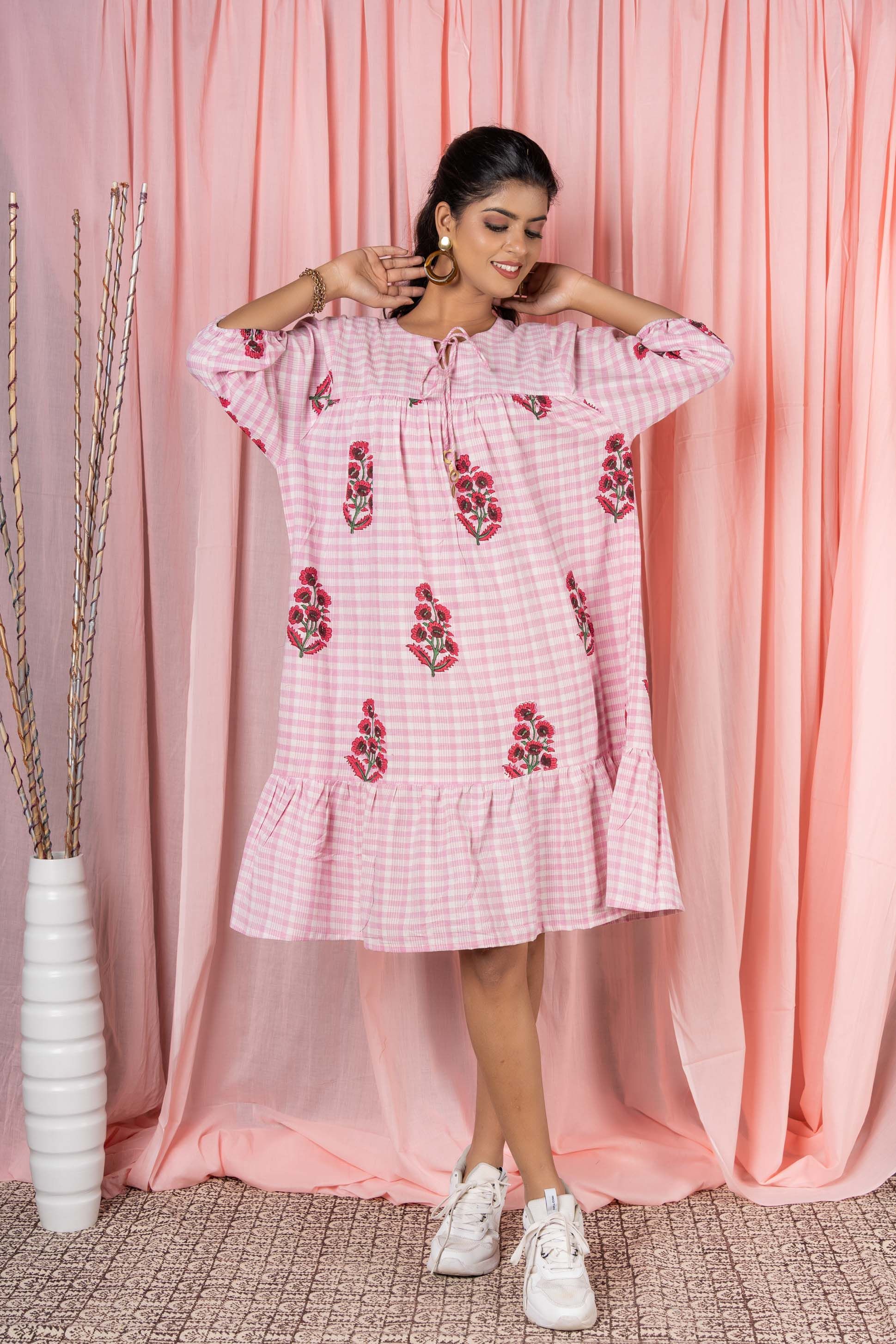Pink Khari Cotton Baggy Dress