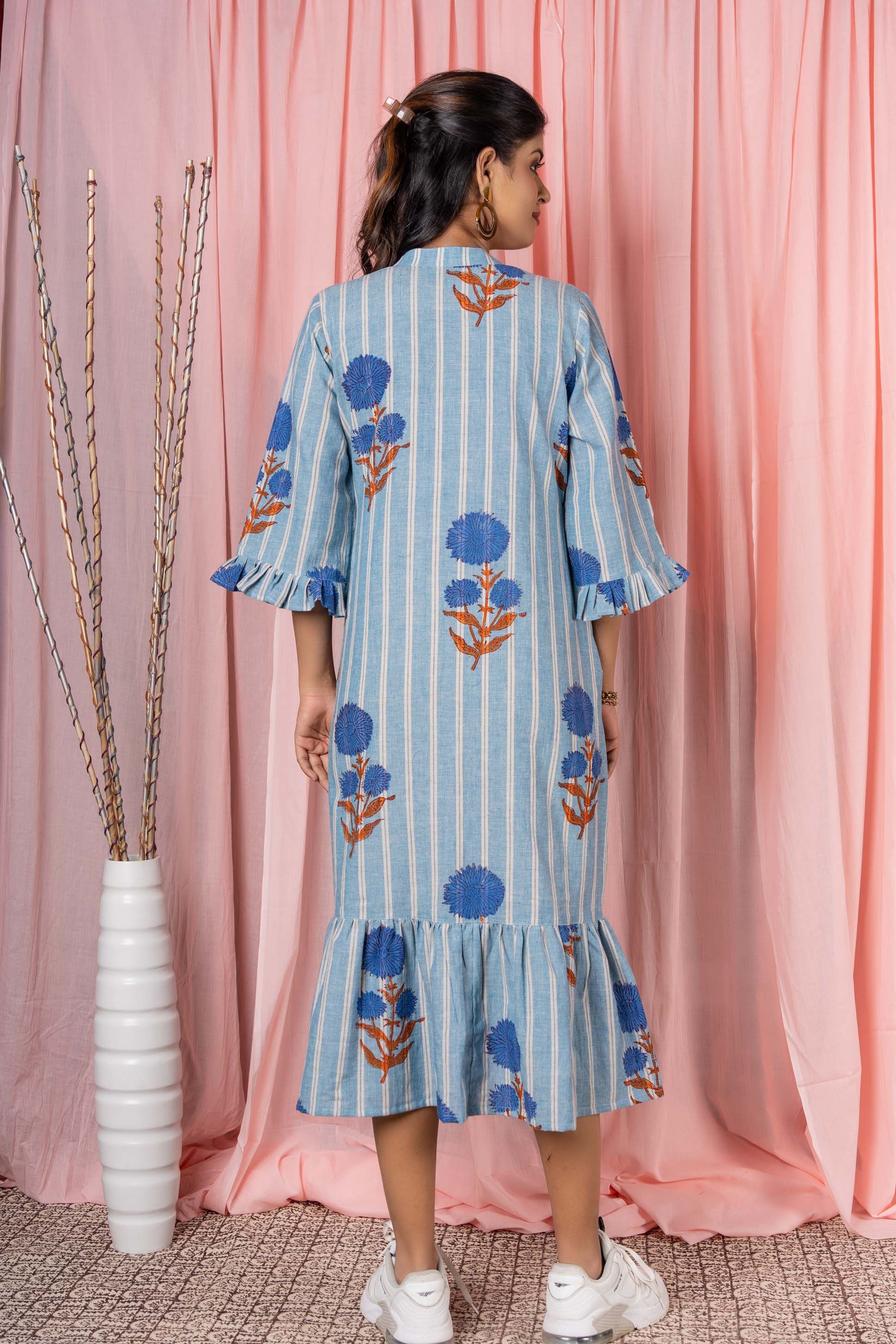 Blue Block Printed Khari Cotton Dress