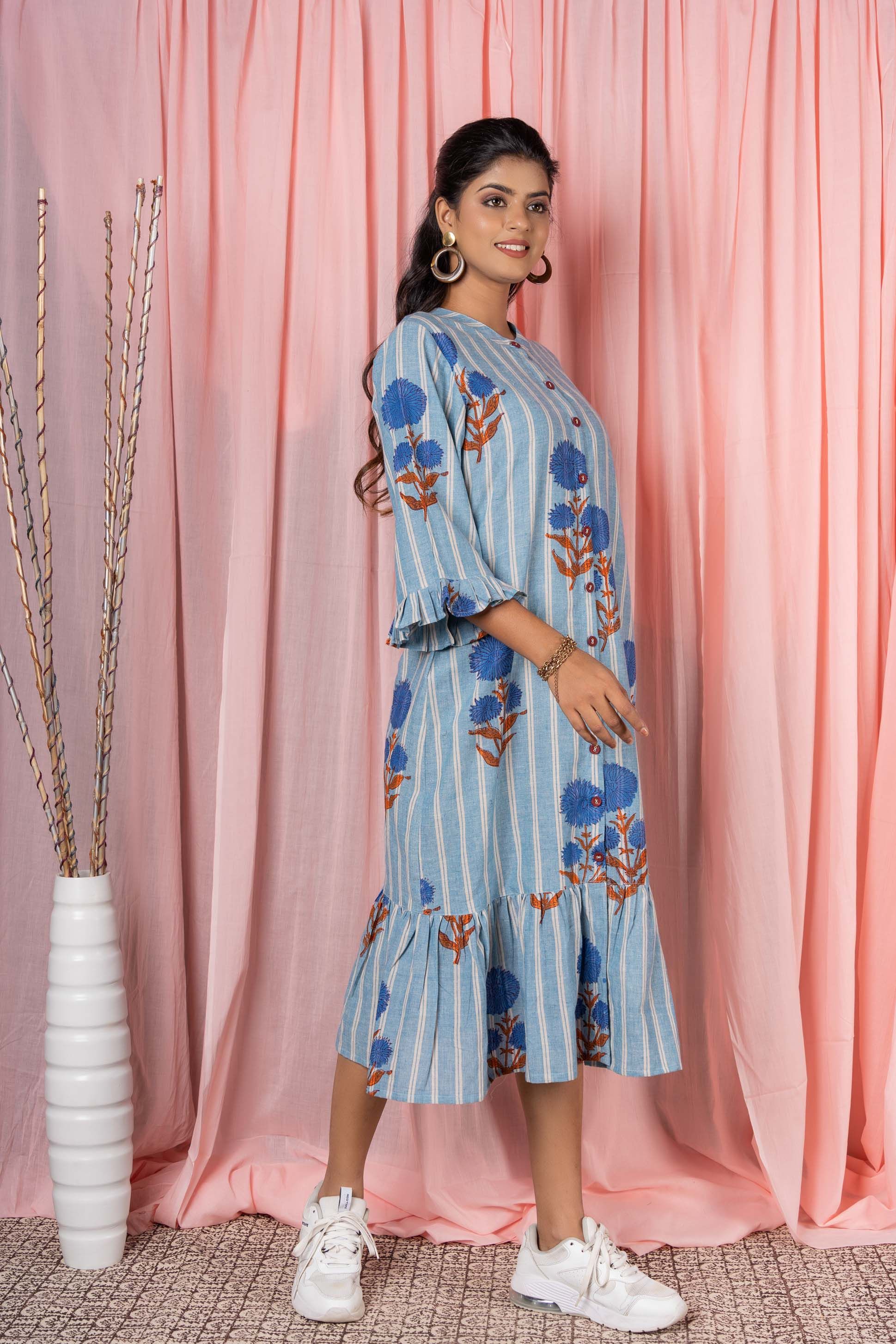 Blue Block Printed Khari Cotton Dress