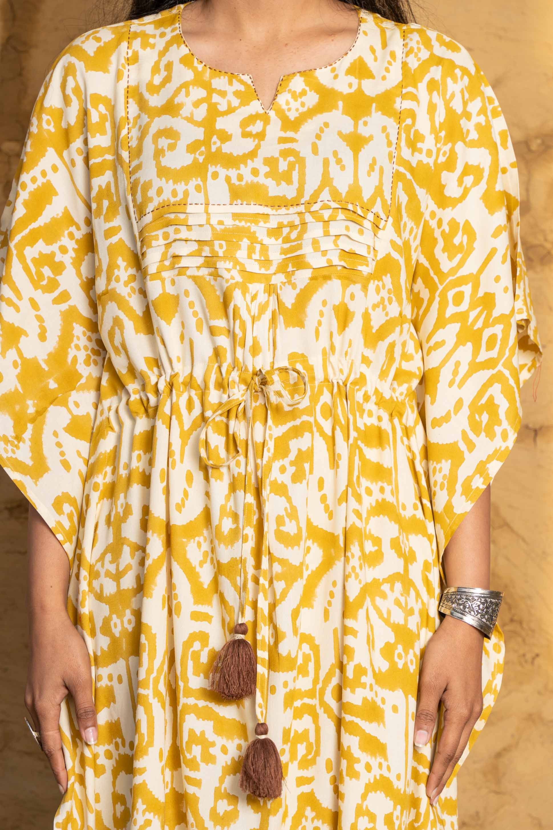 Mustard Block Printed Kaftan Dress