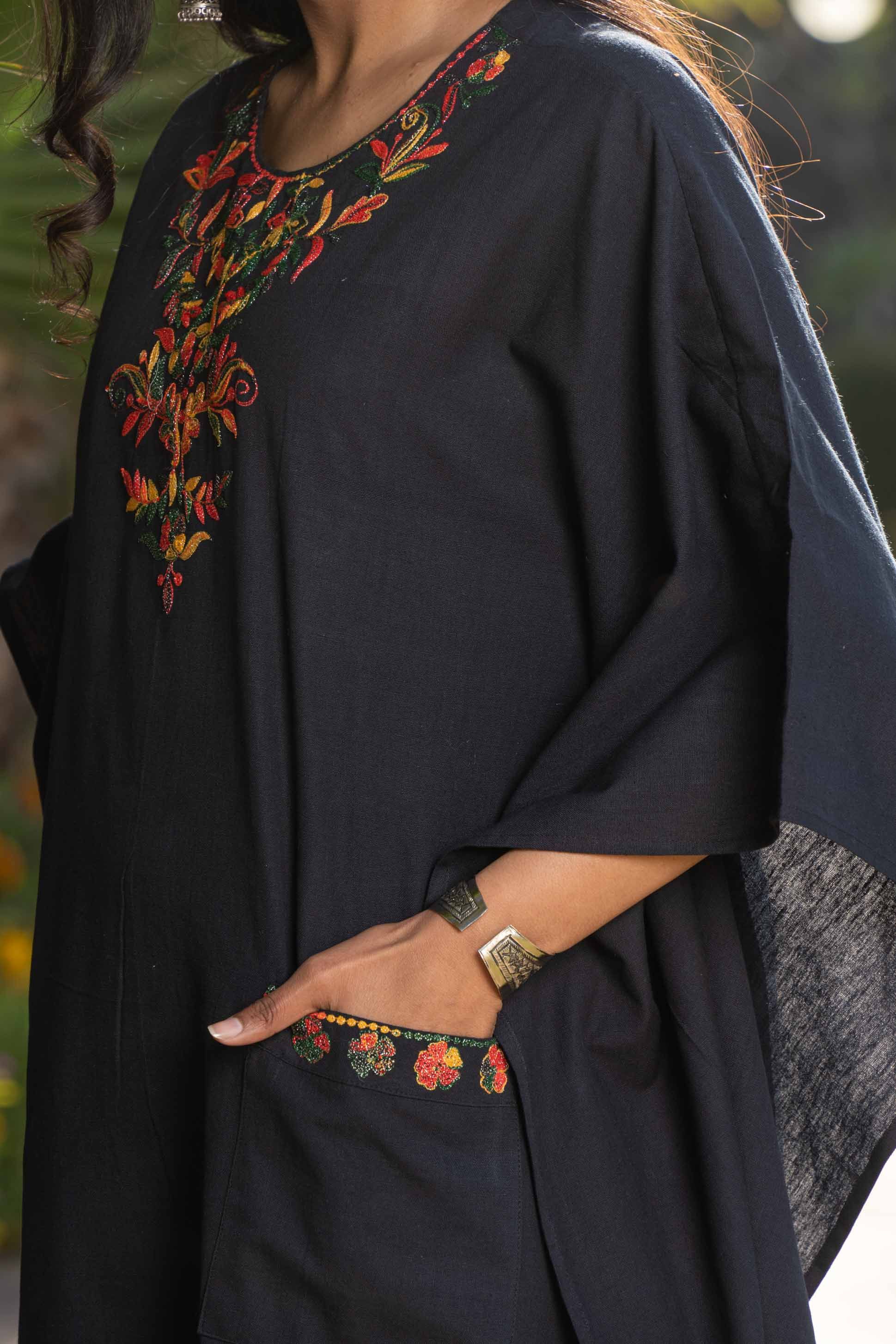 Black Embroidered Khari Cotton Kaftan