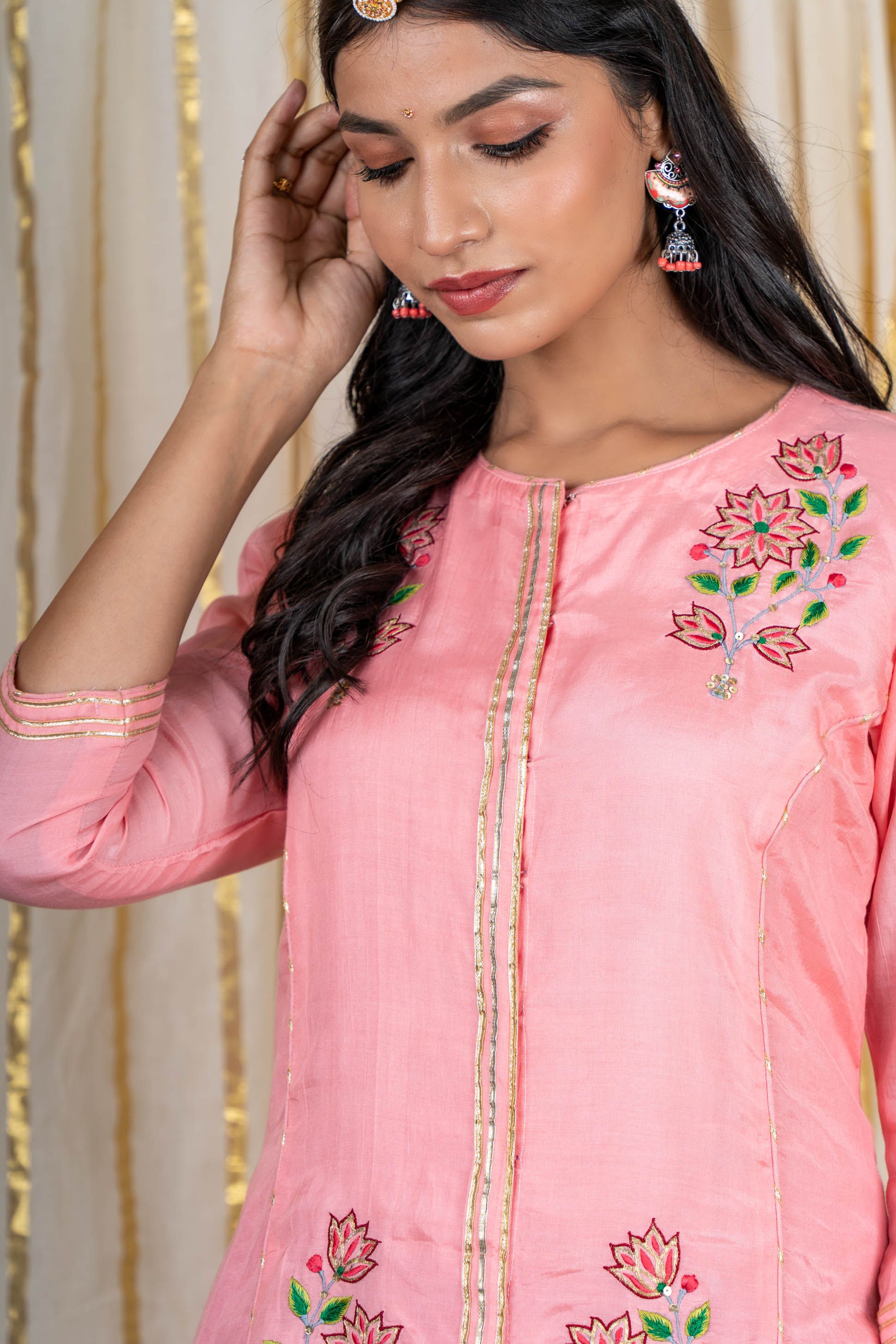 Pink Embroidered Muslin Silk Kurta Sharara Set