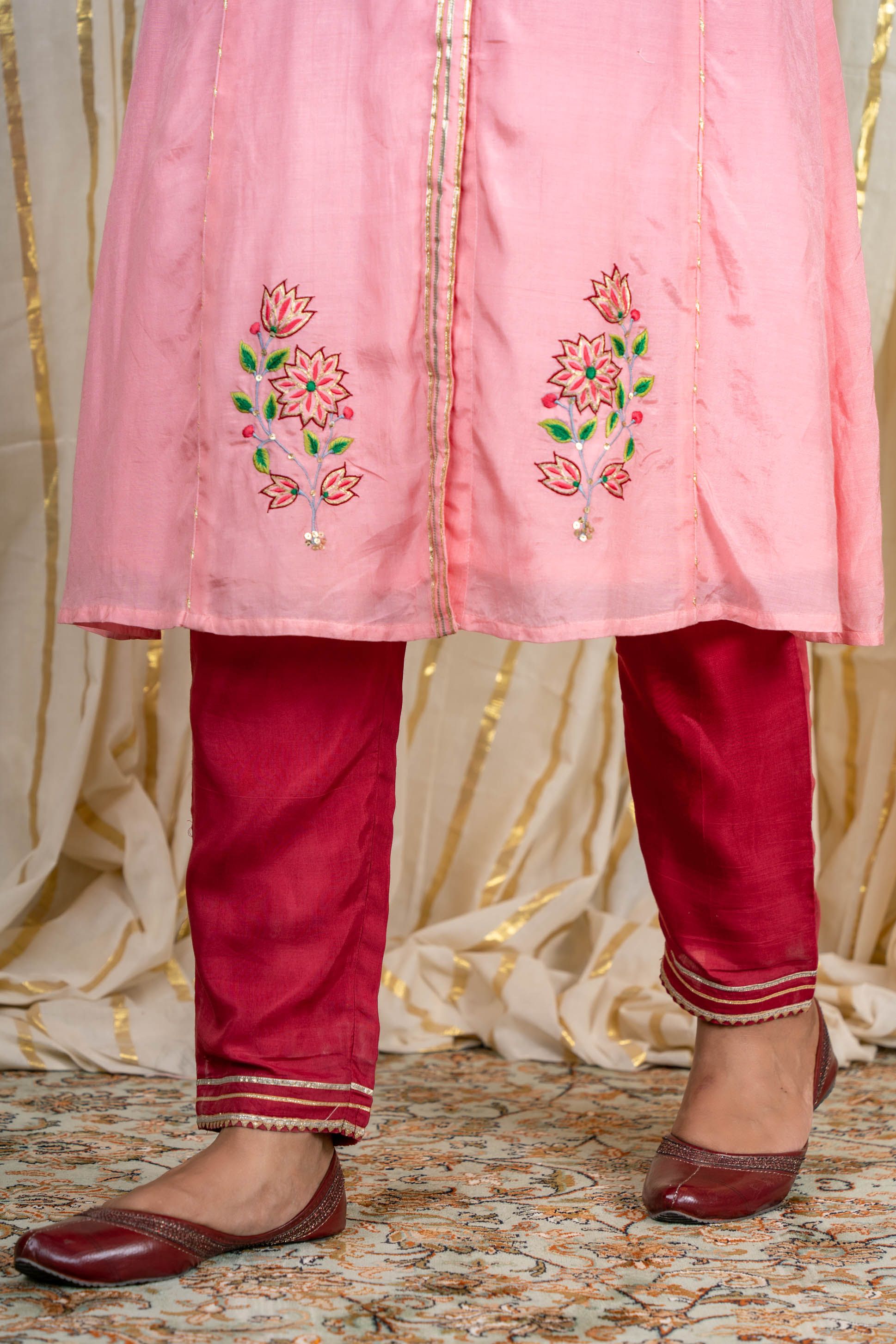Pink Embroidered Muslin Silk A Line Kurta Pant Set