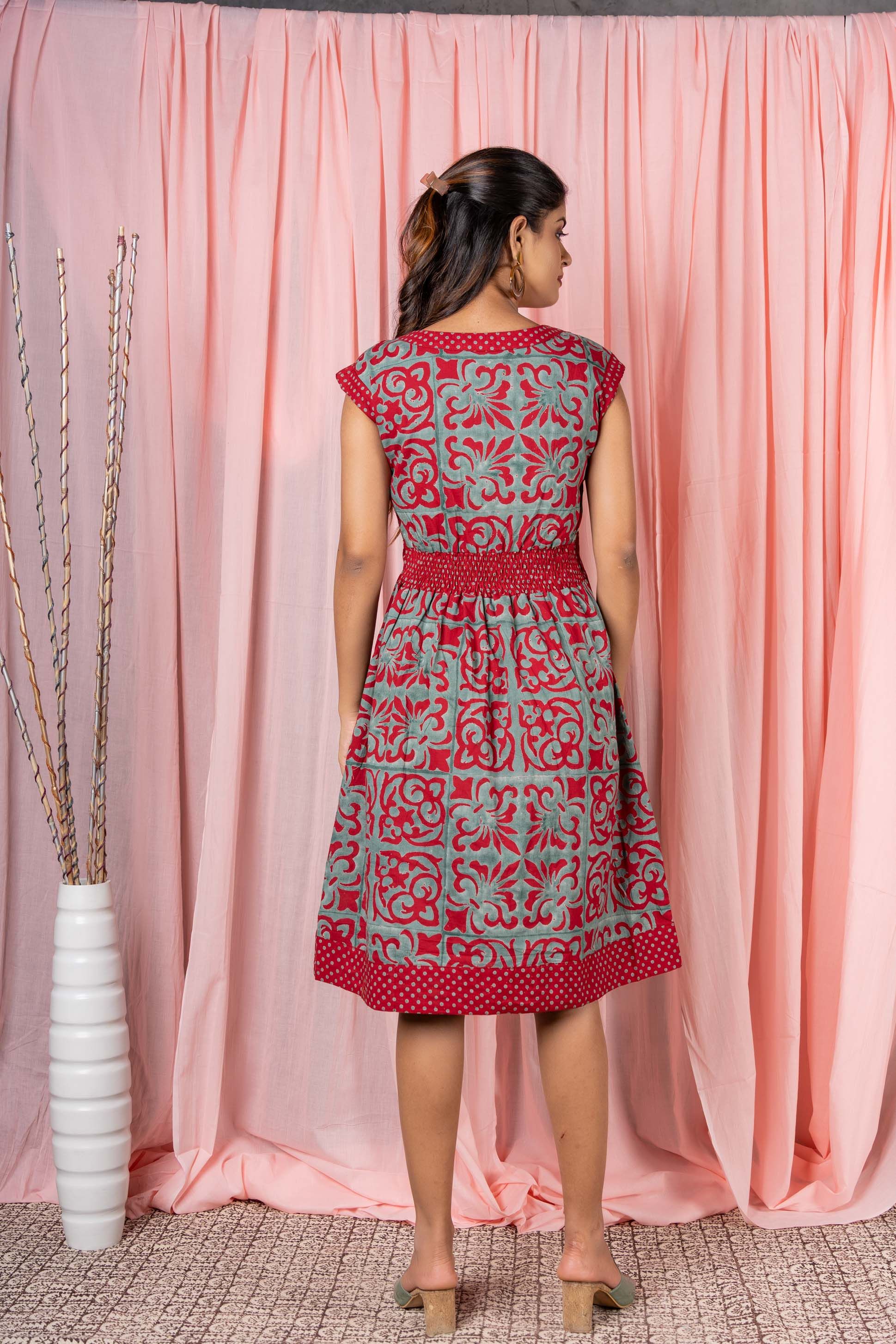 Teal Red Block Printed Straight Dress