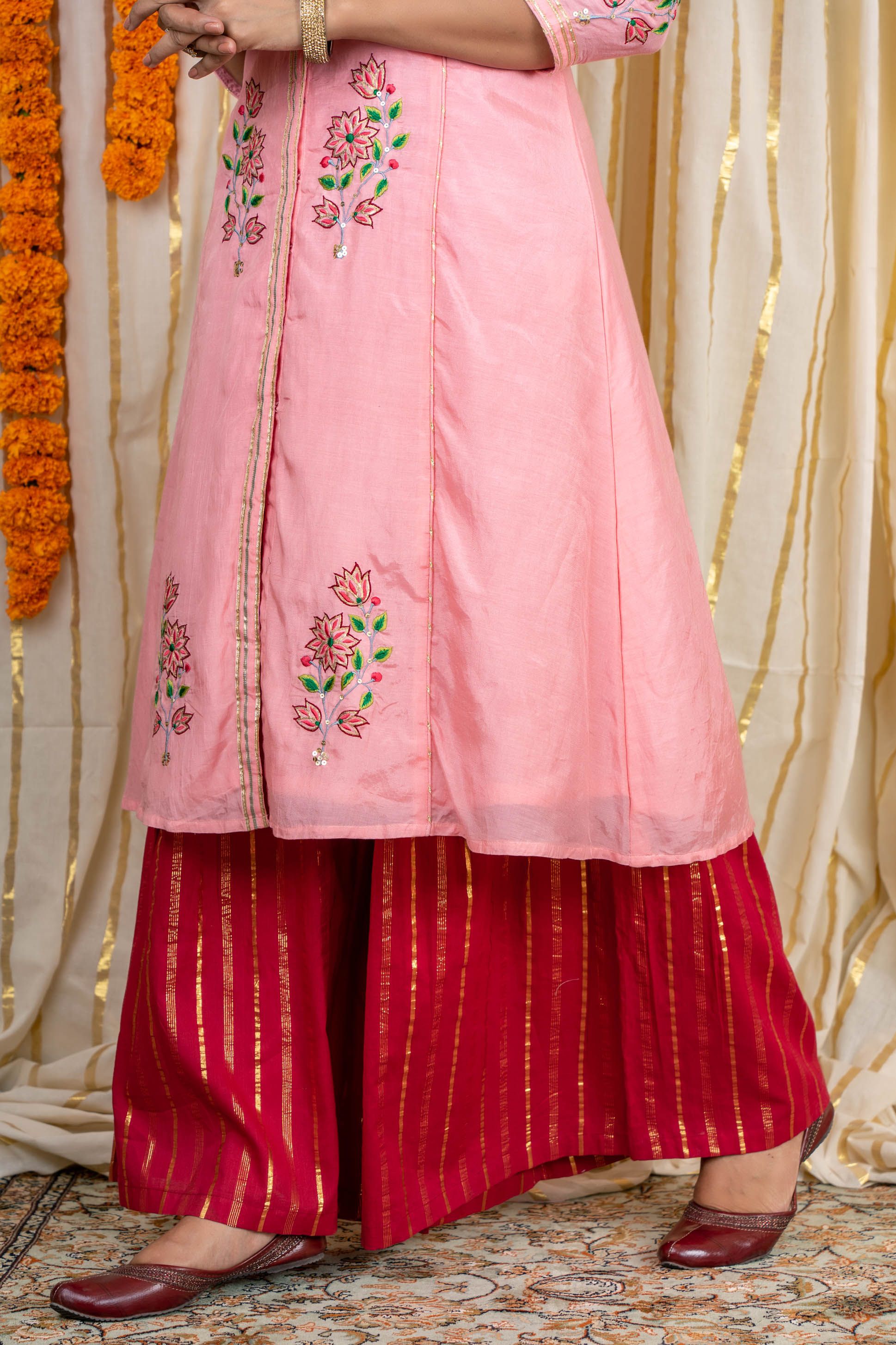 Pink Embroidered Muslin Silk Kurta Sharara Set