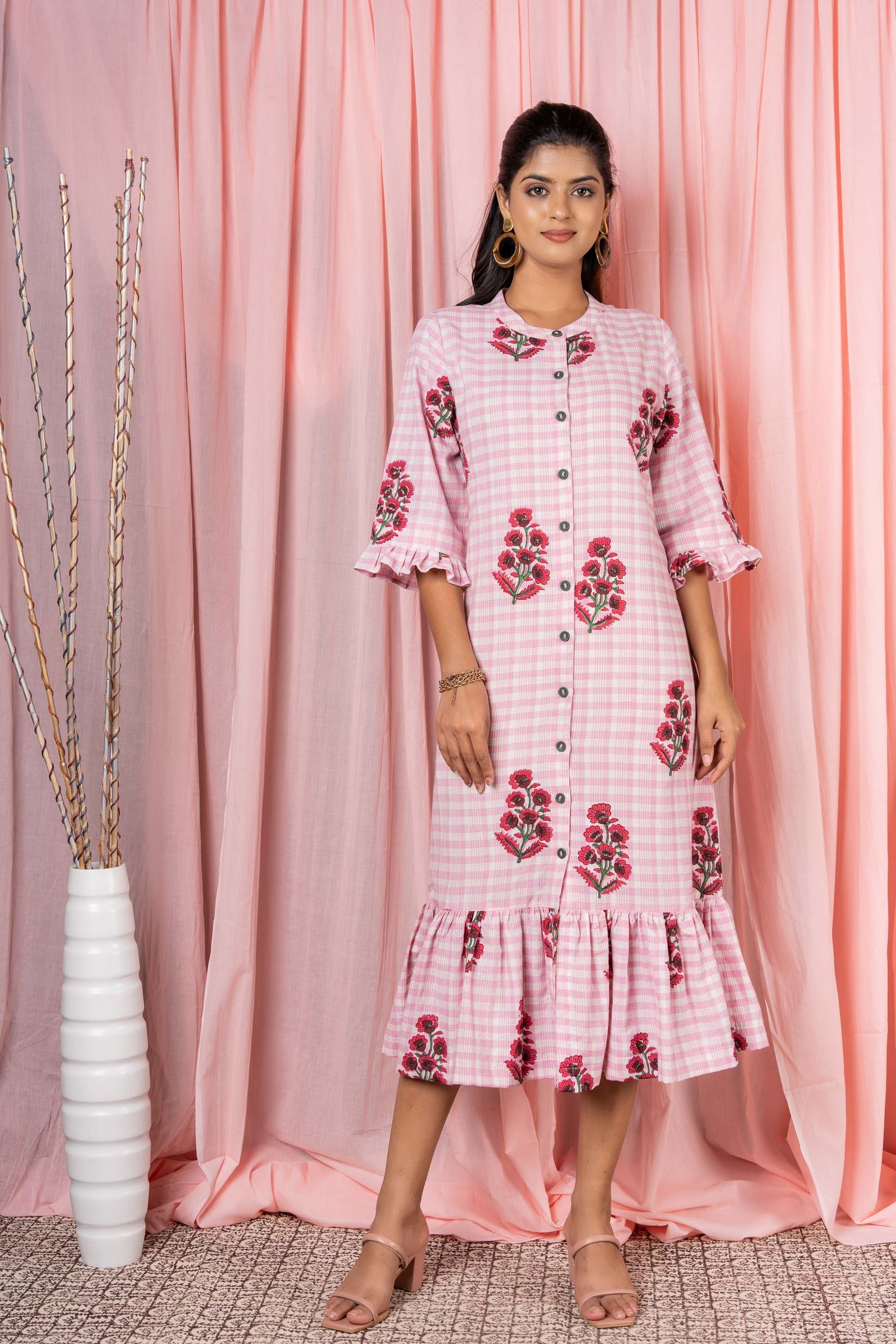 Pink Block Printed Khari Cotton Dress