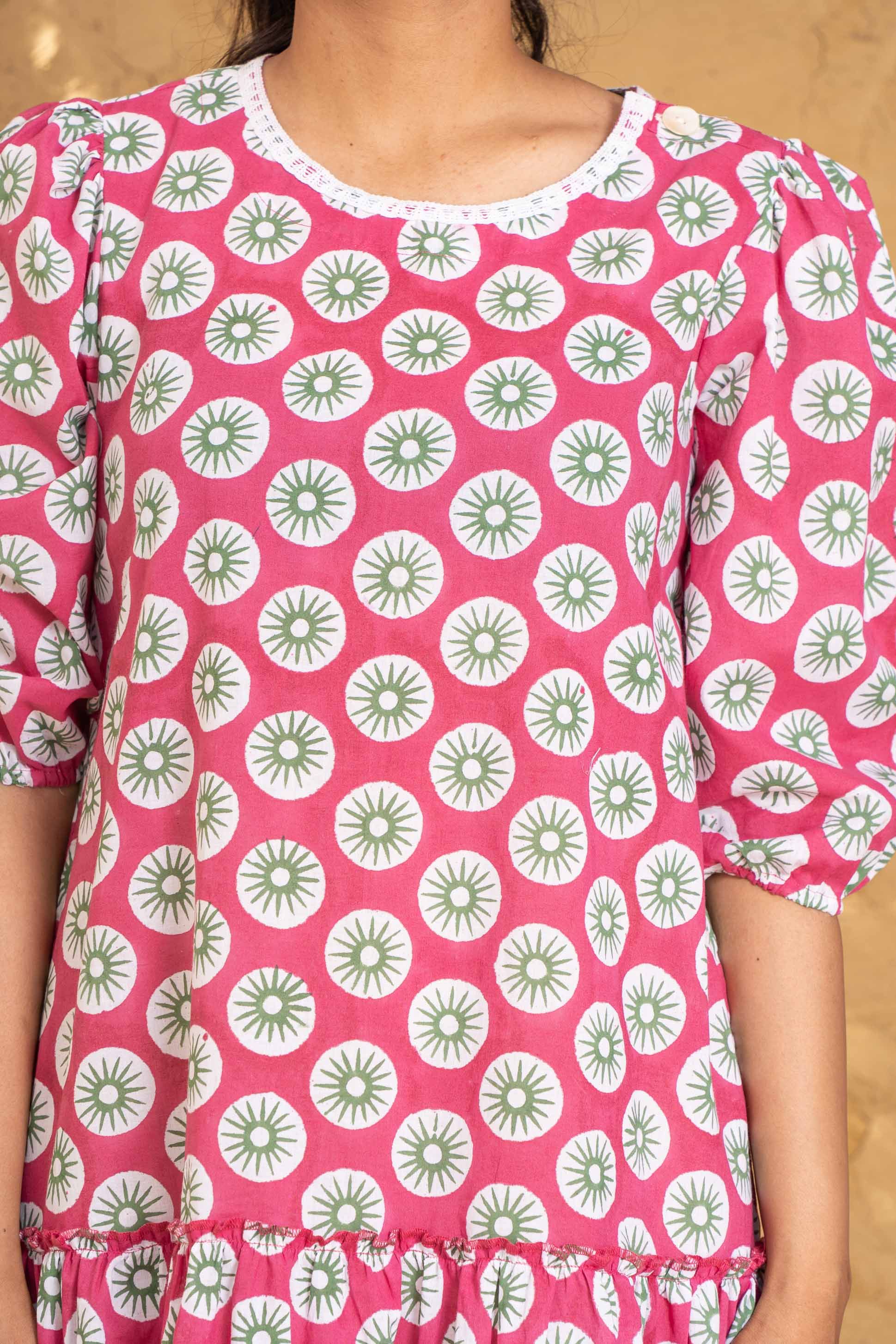 Pink Floral Block Printed Tier Dress