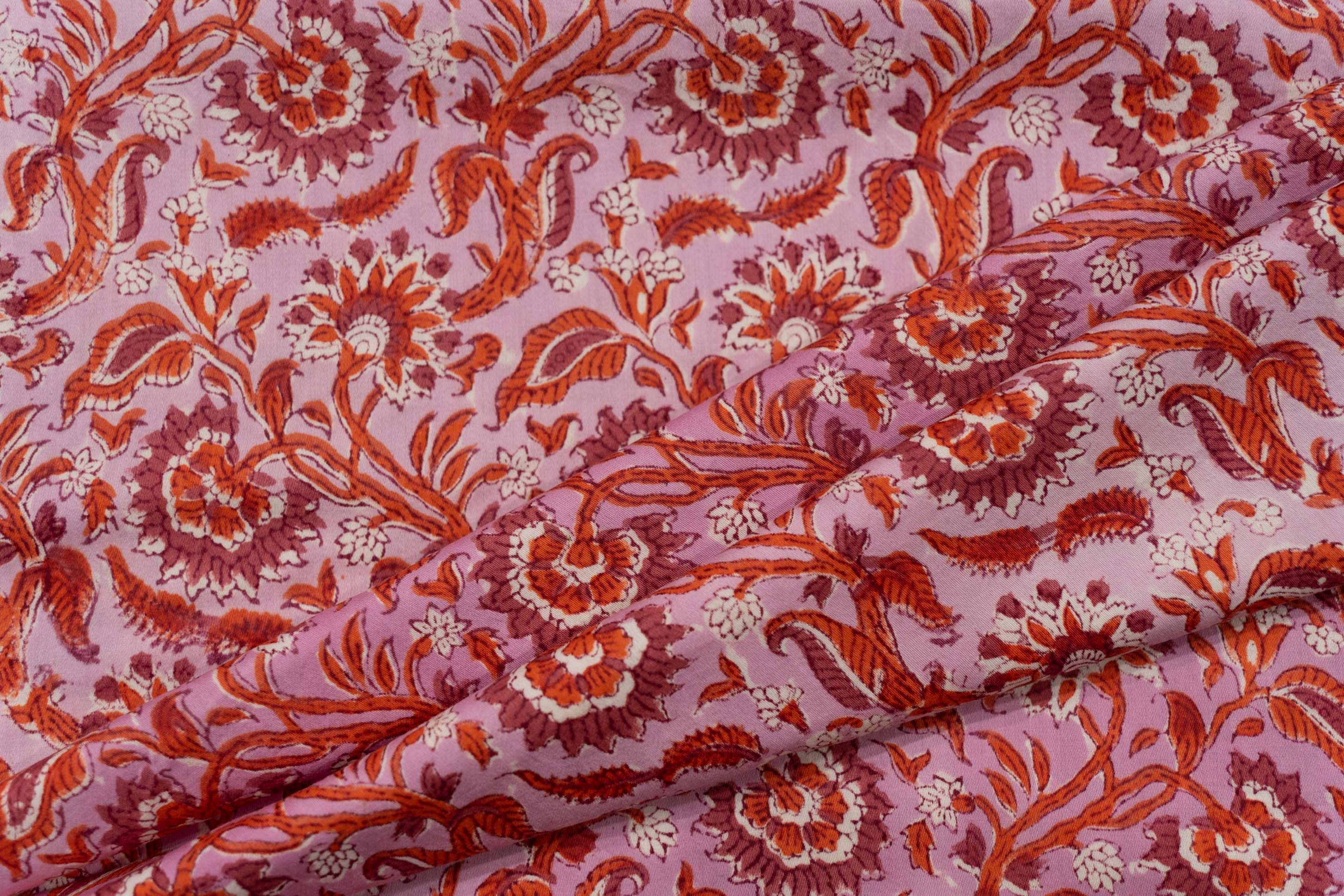 Pink Floral Block Printed Mercerised Cotton Fabric