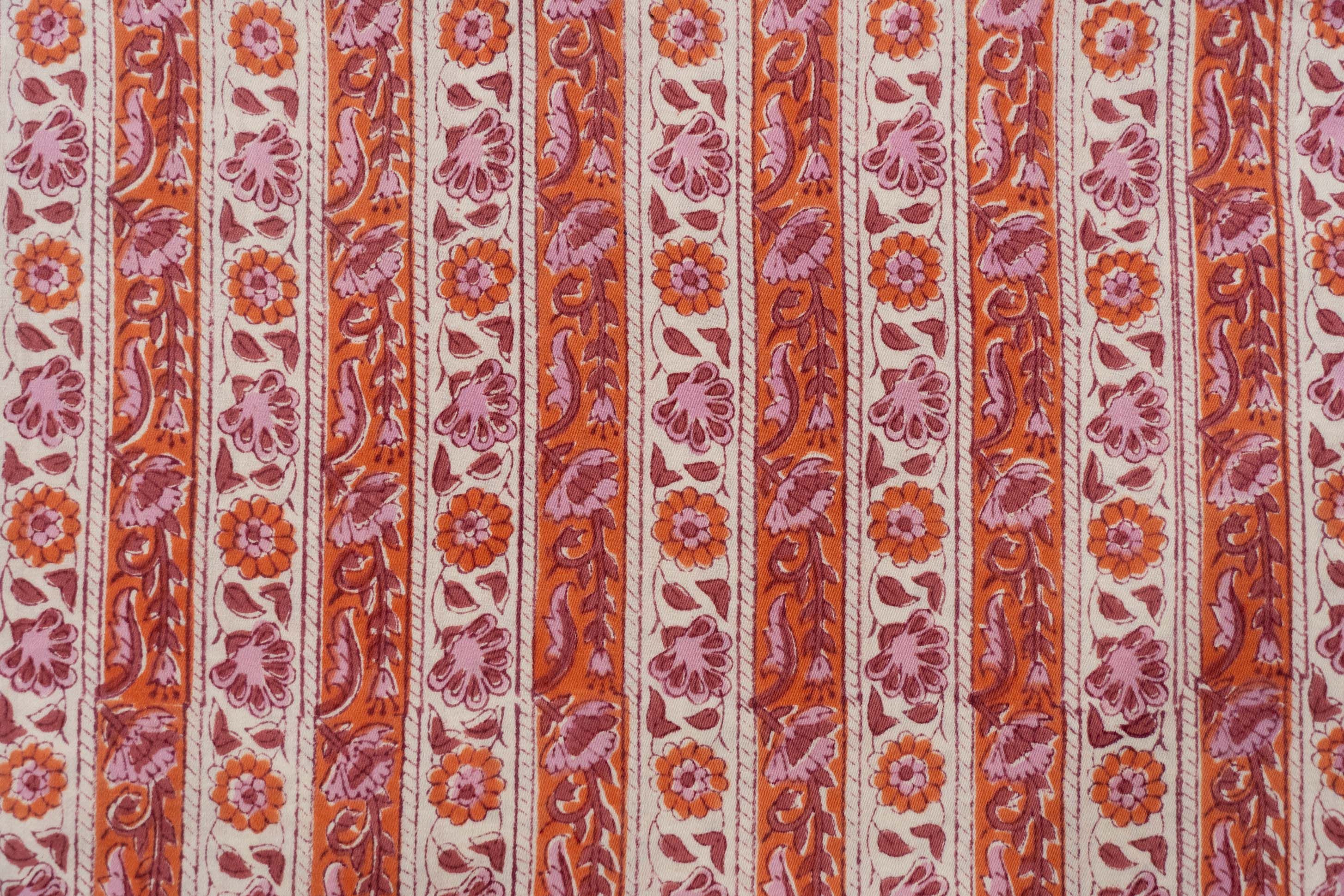 Striped Floral Block Printed Cotton Fabric