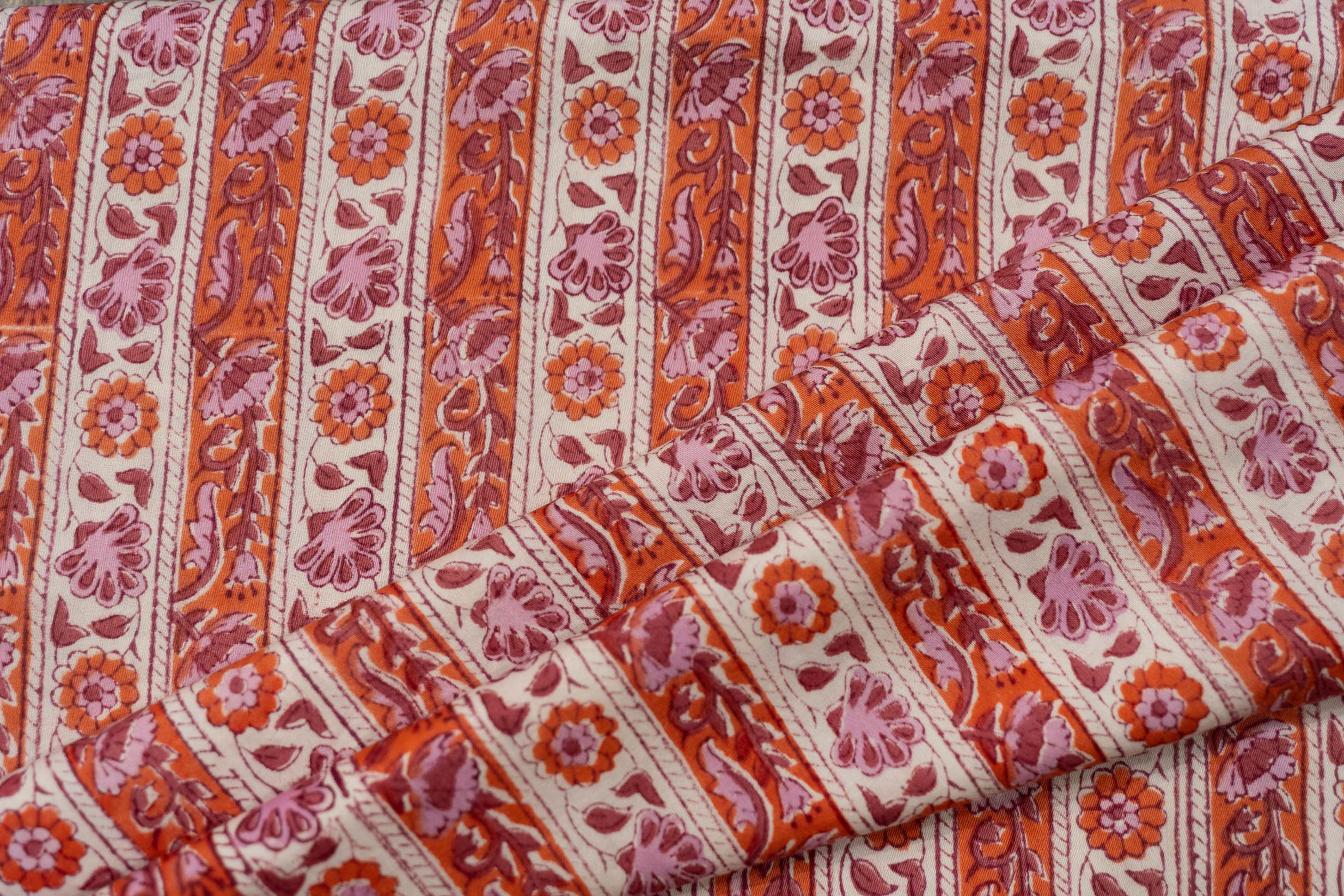 Striped Floral Block Printed Cotton Fabric