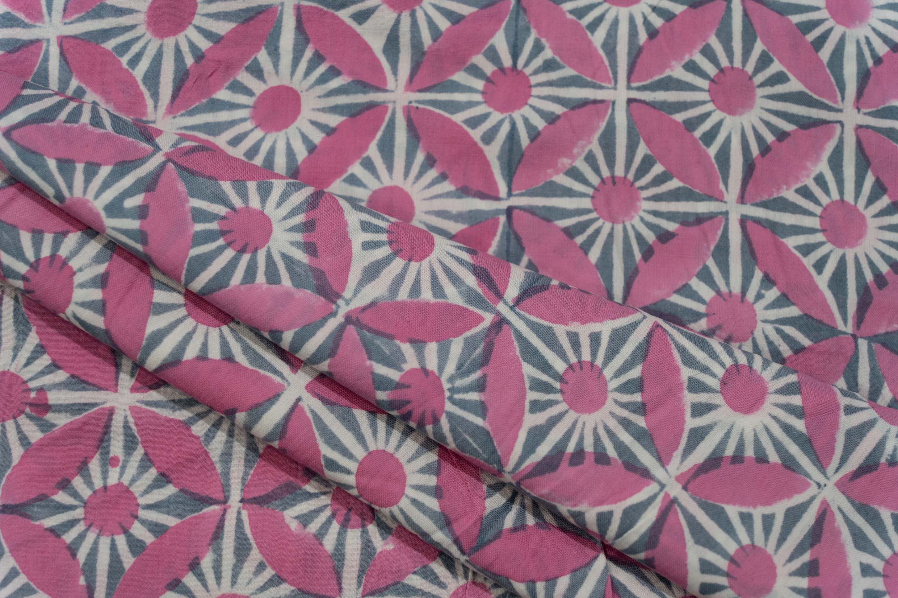 Pink Grey Block Printed Mercerised Cotton Fabric