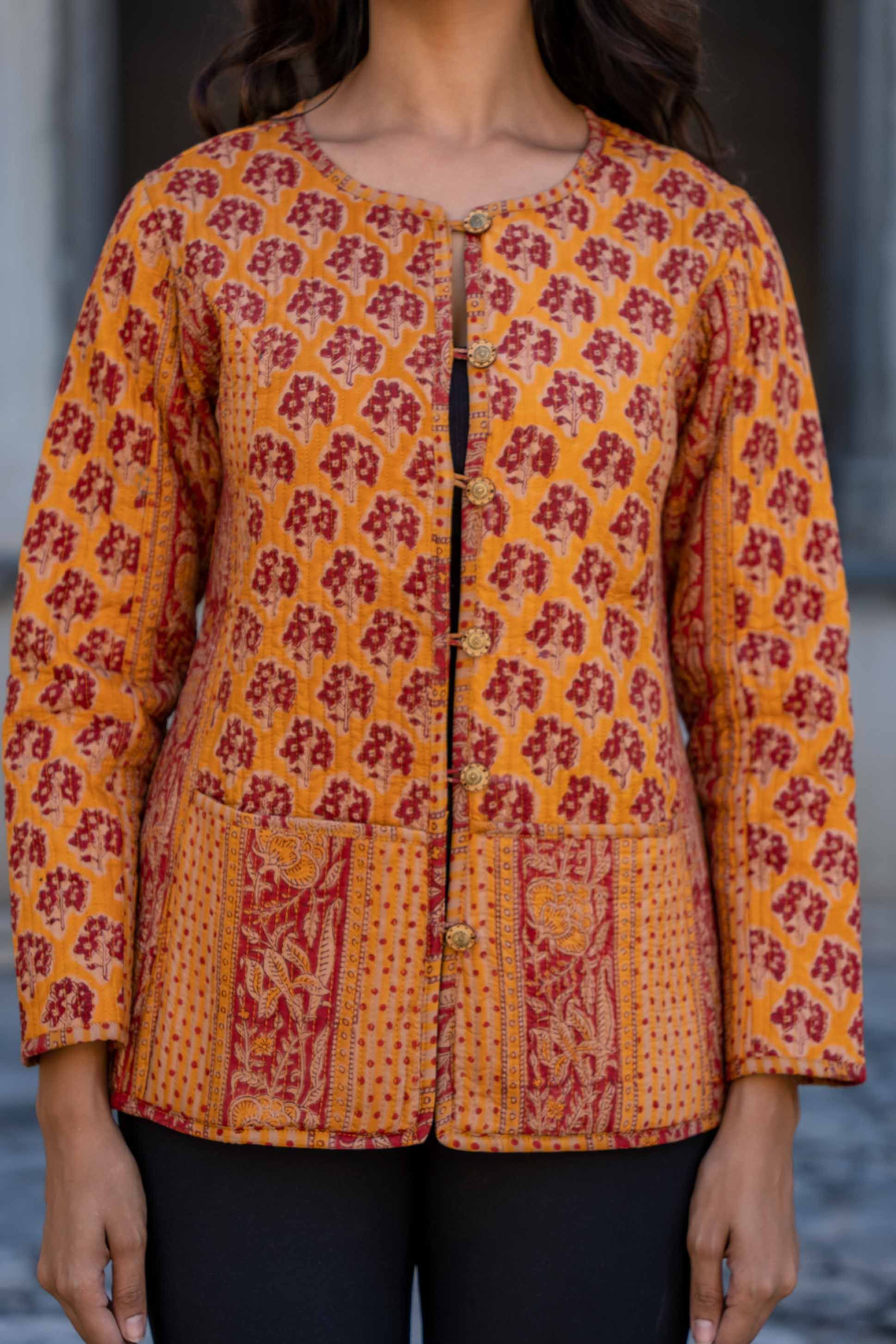 Mustard Red Reversible Block Printed Quilted Jacket