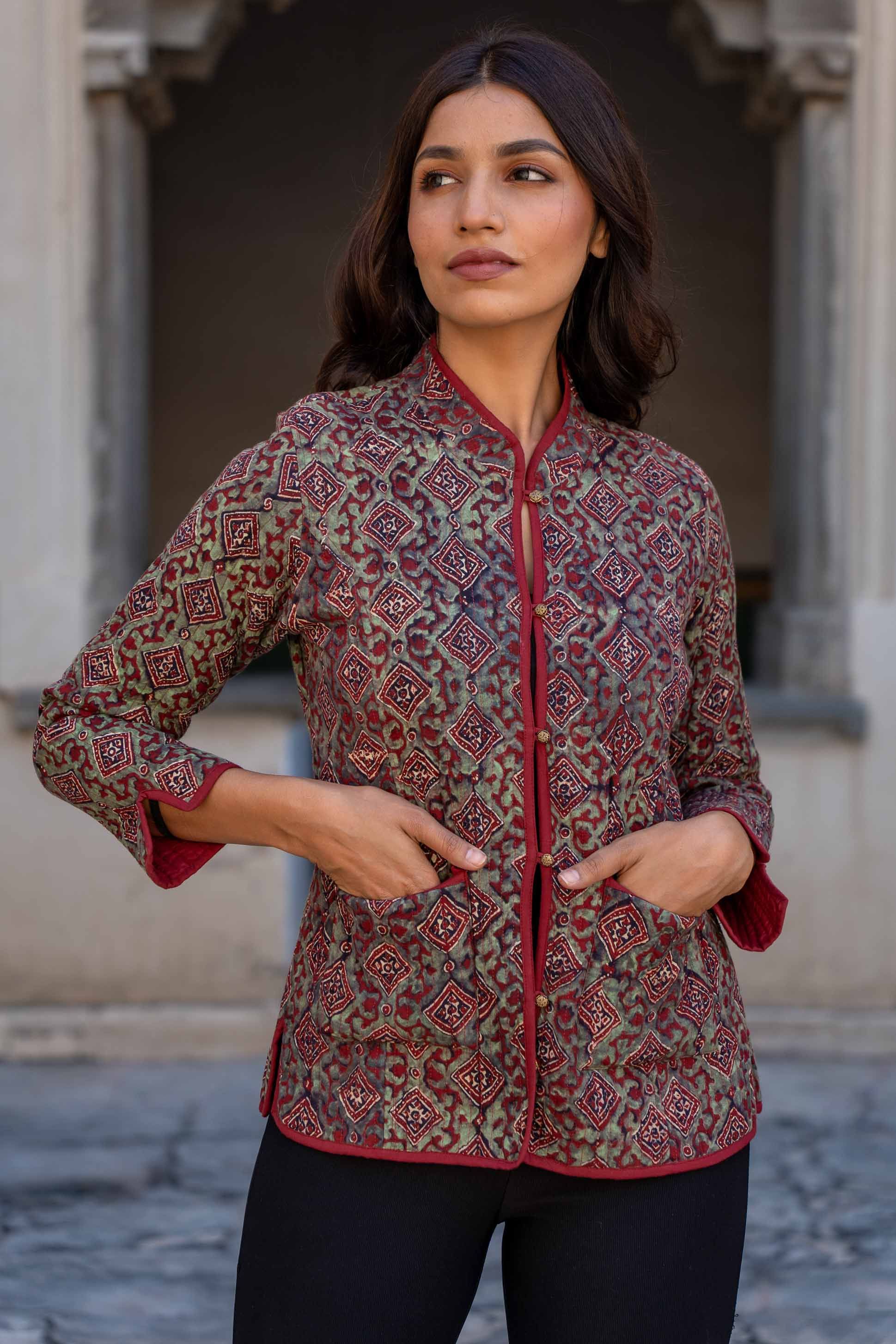 Ajrakh Red Reversible Block Printed Quilted Jacket